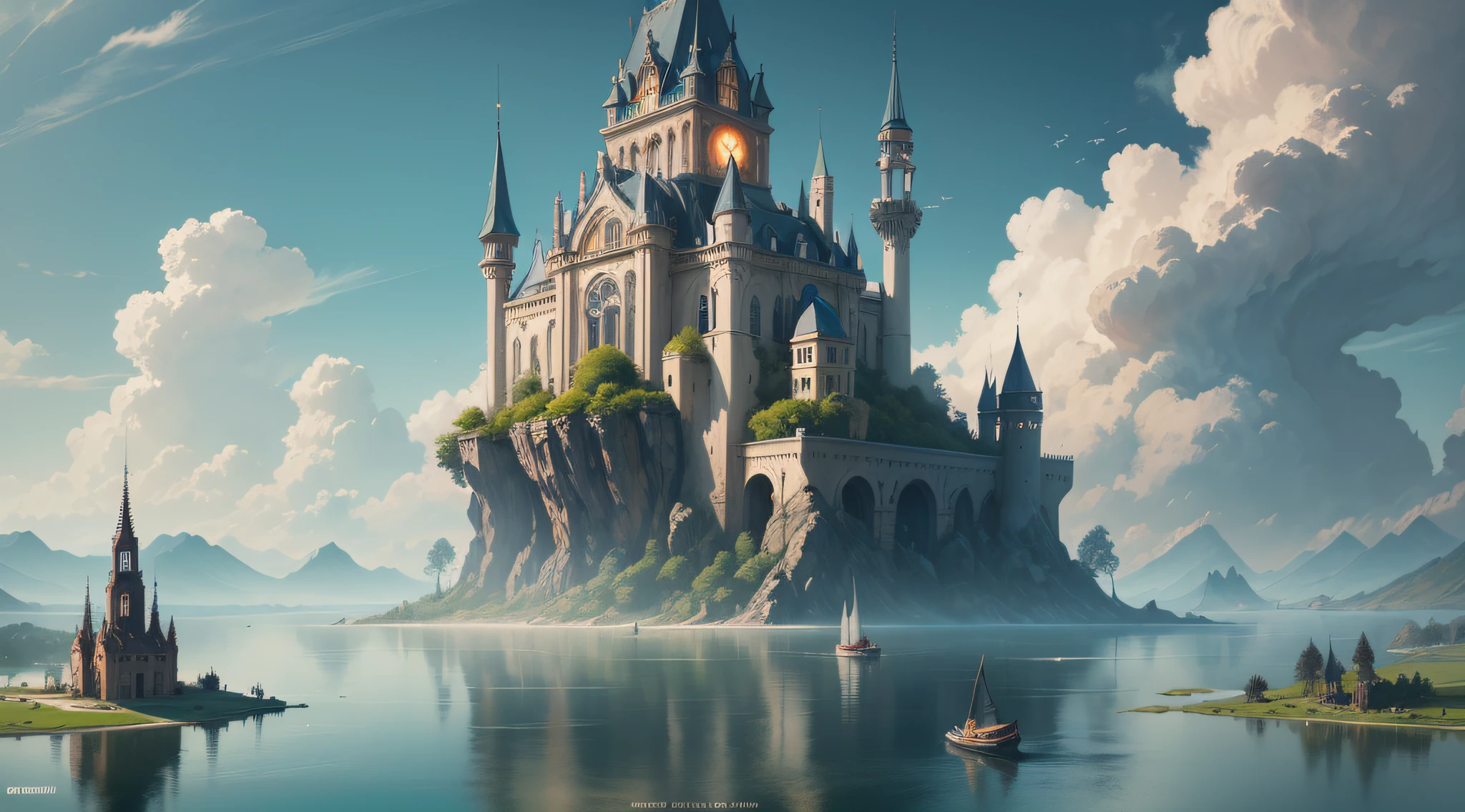 fleurs,,oiseaux,nuage,ecume,bateaux a voile,there is a digital painting of a castle in the middle of a lake, Dans Fantasy Sci - Fi City, Architecture fantastique, detailed digital 2d fantasy art, Ancienne ville steampunk, epic fantasy sci fi illustration, symmetrical epic fantasy art, Art fantastique 4k, Ancienne Sci - Ville de Fiction, Kaladesh Concept Art. mechanical, Detailed fantasy art, Fantasyconcept art,nuage,ecume,bateaux,