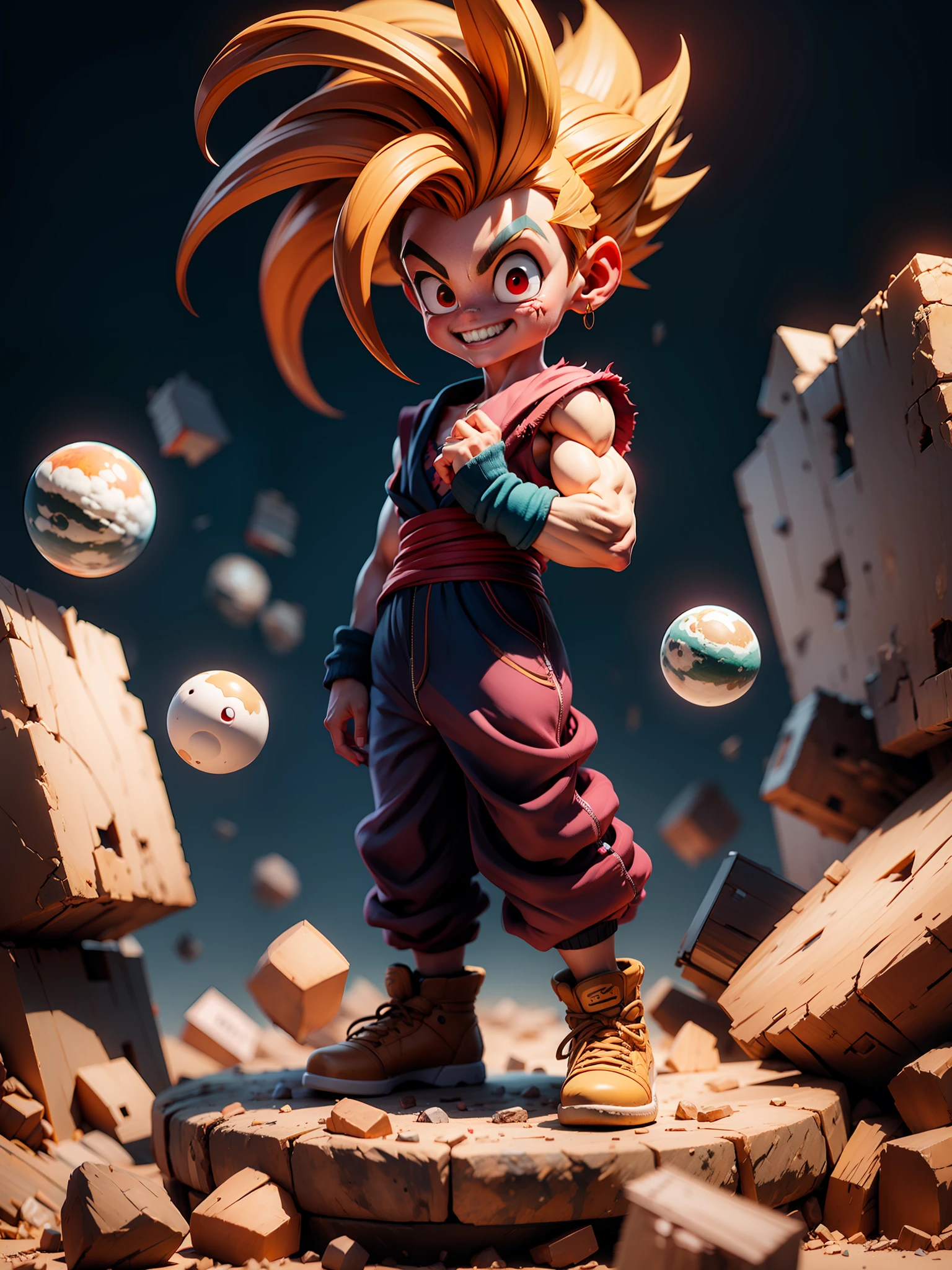 masterpiece, best quality, ultra-detailed, Adult Gohan 1boy, solo, Full body, evil smile, Gold glowing hair, spiked hair, (((red eyes))), (((perfect eyes))), ))), full body, looking at viewer, male focus, earth \(planet\), planet, cracked ground and lots of rocks rising up, lots of debris going up, perfect hands . Cute, chibi, wearing tattered tank shirt and toren clothing, full body glowing gold aura, dark
