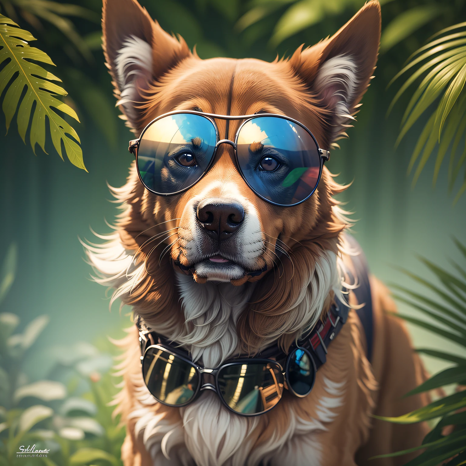charming dog in sunglasses sitting on a cafeteria bench --auto