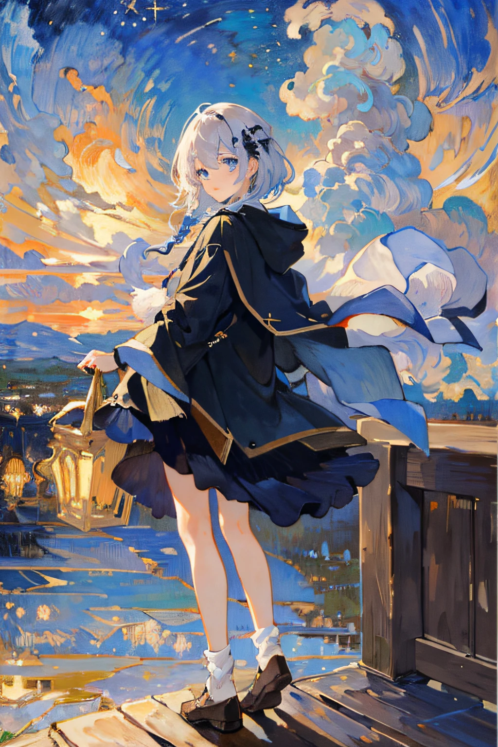 ((巨作:1.2、最好质量))、1girl in、childish、独奏、White hair、hair pin、Braids、hoods、Hood down、hooded jacket、baggy、Aurora、nights、stele(skyward)、skyward、Camisa blanca、nigh sky、open mouth with、starlit、blue eyed、ribbon from、Black skirt、a smile、Hair ribbons、cloak、dark clouds、nights、(impressionists:1.4)、by Alfons Mucha、Full body painting