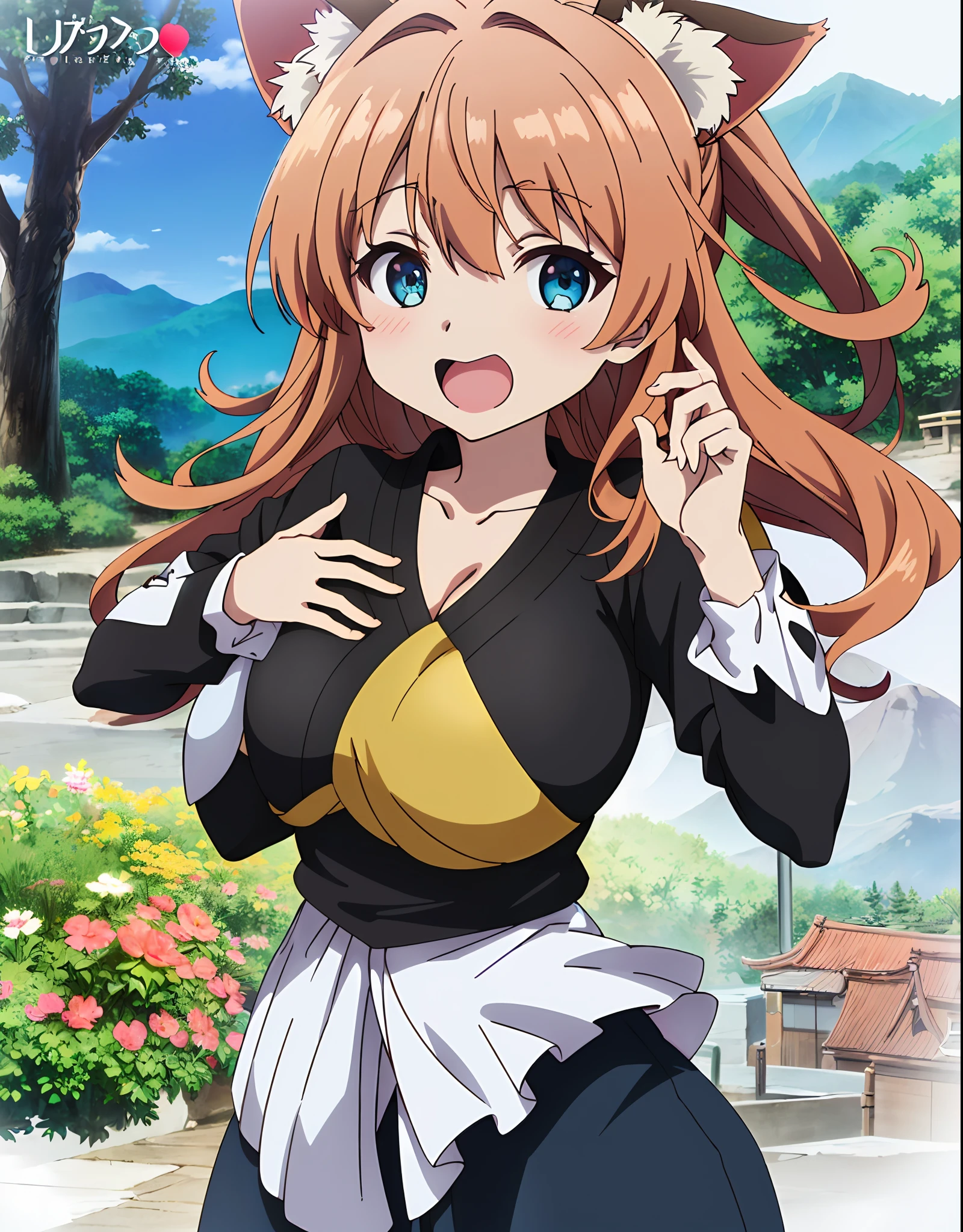 (ultra hyper-detailed、Hi-Def、Kyoto Animation Style Anime Illustration、Top Quality Official Art Feature:1.6)、、Detailed beautiful face and eyes、Highly detailed body、Nice hands with very detailed hair、perfect hand、beautifull hands、(1girl in:1.4)、(Chibi:0.8)、(kawaii:1.2)、(a cute:1.2)、(boobs loli:1.5)、1 girl、Cat's ears、(big tit、Beautiful breasts、cleavage looks bigger、Brown-haired、Semi-long hair with trimmed hair、 long  sleeves:1.5)、(Dynamic angles、Looking at the camera、Upper body body、Ninja bandana,Black Ninja Jacket,Ninja pants,Ready with bitterness、Character Focus:1.2)、(deadpan,  12year old、Brown-haired, High Ponytail、Cat's ears、Aqua Eye、Slender Girl:1.2)、break、Ninja covered building,Ninja Garden,Ninja dwelling,Mountains and forests background,
