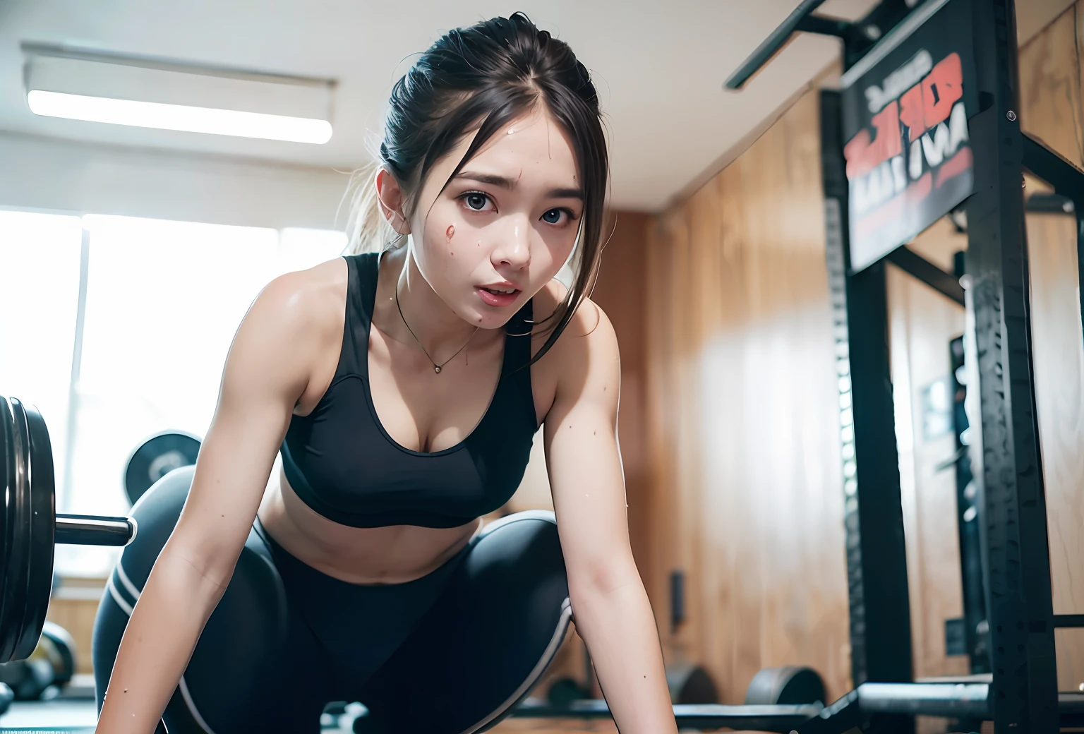 good hand,4k, 1girl, )a RAW portrait of a girl exercising in the gym), perspiring, sweating, high-res, masterpiece, best quality, head:1.3,(Korean K-pop idol), chunli, twin tails, extremely cute, finely detailed skin, sharp focus, (cinematic lighting), collarbone, soft lighting, dynamic angle, [:(detailed face:1.2):0.2], thigh gap, slim body, ((medium breasts)), full body, ((gym outfit)), (gym shorts), tank top, gym background, gym equipments, (anime, official_art:1.1), (anime screencap:1.1), (1girl, solo focus:1.2), (fisheye:0.9), ray traced:0.5, depth of field:1.0, bokeh:0.6, god rays:1.0, vivid colors:0.8, cinematic hard lighting:0.7, realistic shadows:1.2,(solo), (a detailed full body RAW photo of a girl), (masterpiece:1.0), (best quality:1.4), (ultra highres:1.2), (photorealistic:1.4), 8k resolution, Canon EOS R5, 50mm, absurdres, ultra detailed, (20 y.o), sharp focus, cinematic lighting, detailed beautiful face, (makeup:1.2), (ulzzang-6500-v1.1), petite figure, detailed skin texture, pale skin, flat chest, (skinny and fit body:1.3), thigh gap, detailed brown hair, sweltering,(very messy hair:1.5), smiling, (sports bra, sports leggings:1.4), realistic glistening skin,(sweating:1.45), slim waist, seductive ,smile,during exercise