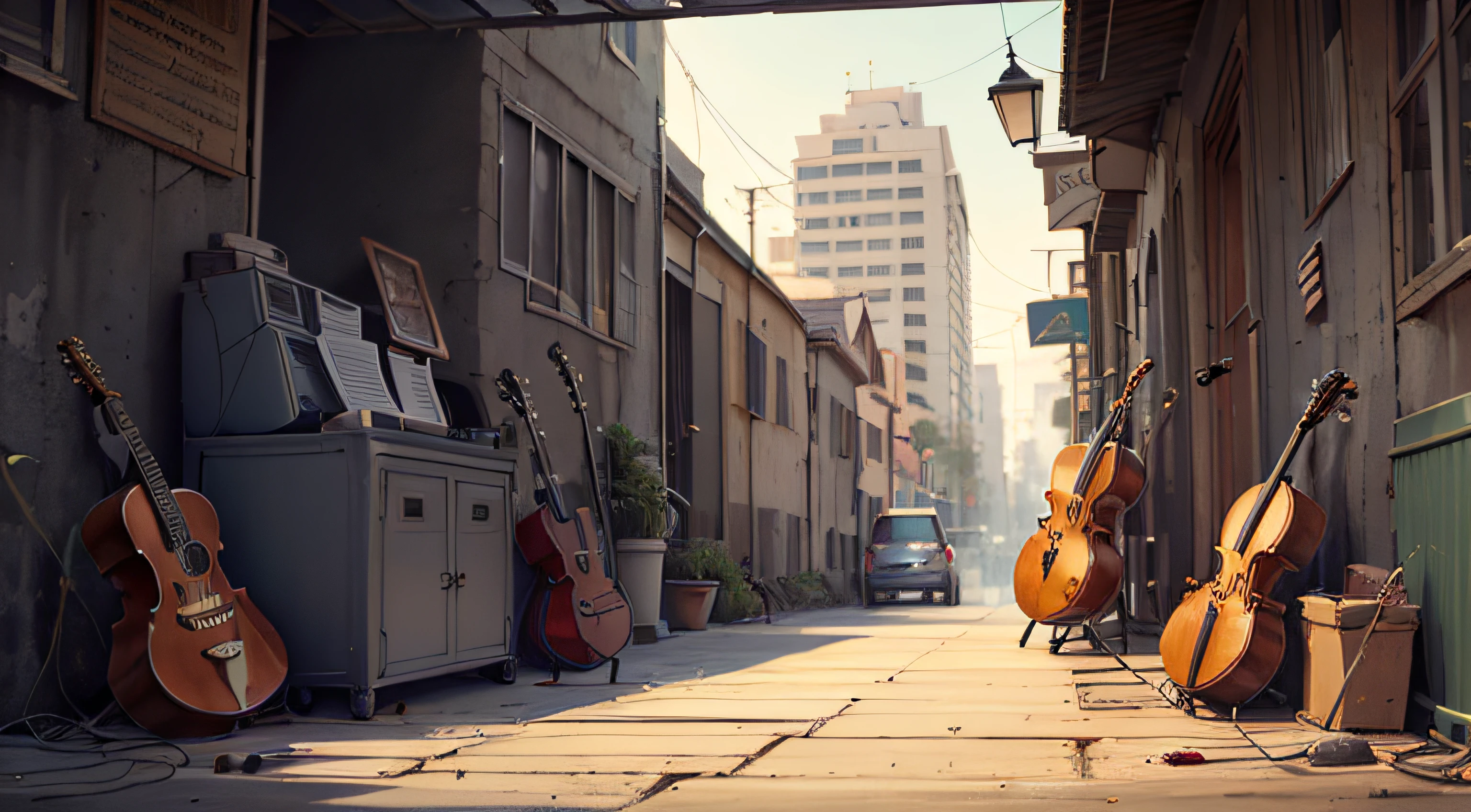 Crie para mim um papel de parede que tenha como tema: Music and musical instruments.You can use any image creation style, mas eu sou apreciador dos estilos minimalista, industrial, Urbano, aquarela e anime. Also leave the image in the dimensions for wallpaper