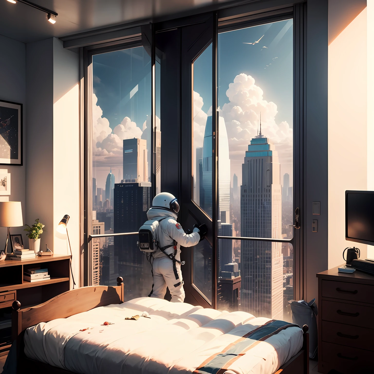 Astronaut wakes up in his bed in a large, bright room of a skyscraper, The tall windows of the building let you see the Metropolis in the background of the scene. The day is sunny, imagem hiperrealista, astronauta bem definidos, Accessories, Corpo, headpe, Hands, futuristic room and architectural ambience, e detalhes bem definidos, in the background a blue sky with white clouds in 3D, tudo em 8k, High quality image resolution, Hyperrealism in fiction illustration, pintura fosca digital --auto