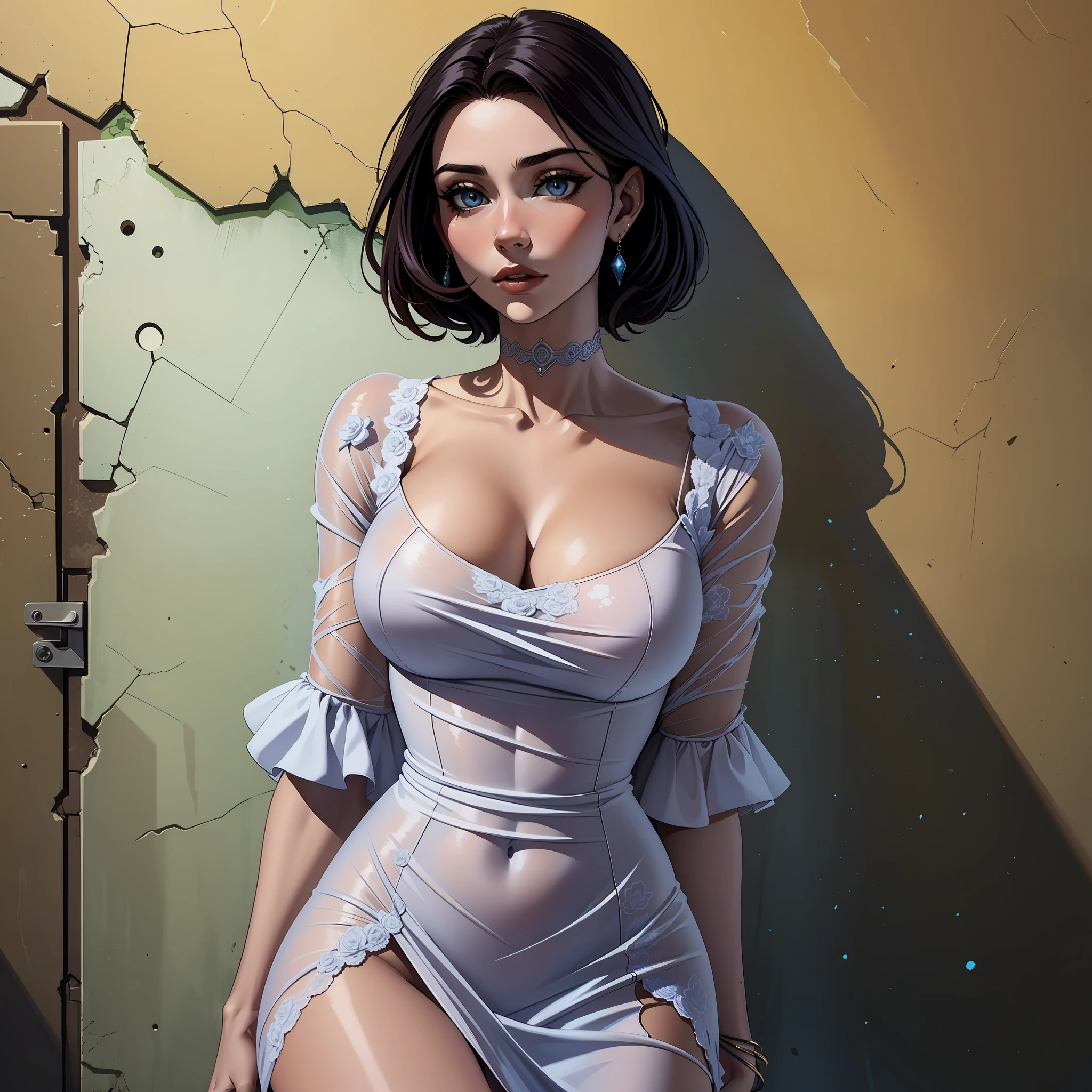 Mulher, loira, olhos azuis, vestida de vestido, em uma cidade destruida,
