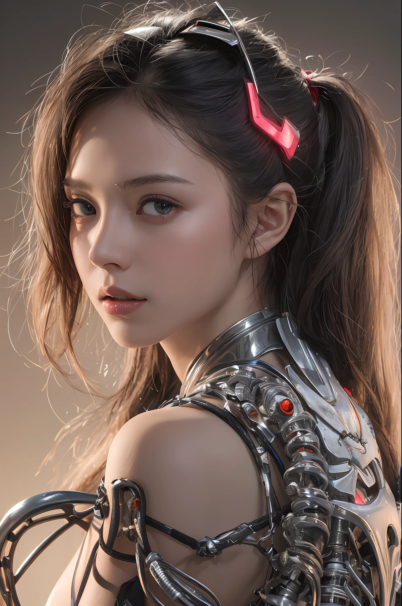 Top Quality, Masterpiece, Ultra High Resolution, (Photorealistic: 1.4), Raw Photo, 1 cyberpunk Girl, Black Hair, Glossy Skin, 1 Mechanical Girl, (Ultra Realistic Detail)), Portrait, Global Illumination, Contrast, Shadows, Octane Rendering, 8K, Ultra Sharp, Cleavage Exposed, Raw Skin, Metal, Intricate Ornament Details, Japan Details, Very intricate details, realistic light, CGSoation trend, facing the camera, neon details, mechanical limbs, blood vessels connected to the tube, mechanical vertebrae attached to the back, mechanical cervical attachment to the neck, wires and cables connecting to the head, gundam, small LED lamps.