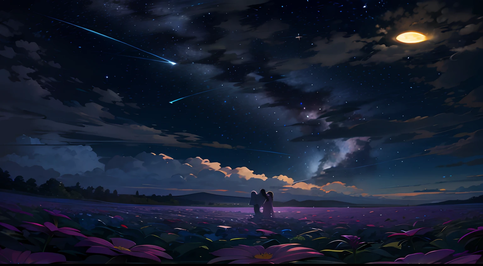 starry night sky with a couple standing in a field of flowers, cosmic skies. by makoto shinkai, star(sky) starry_sky, starry sky, night under the starry sky, starry sky 8 k, amazing wallpaper, 4k anime wallpaper, endless cosmos in the background, anime art wallpaper 4k, anime art wallpaper 4 k