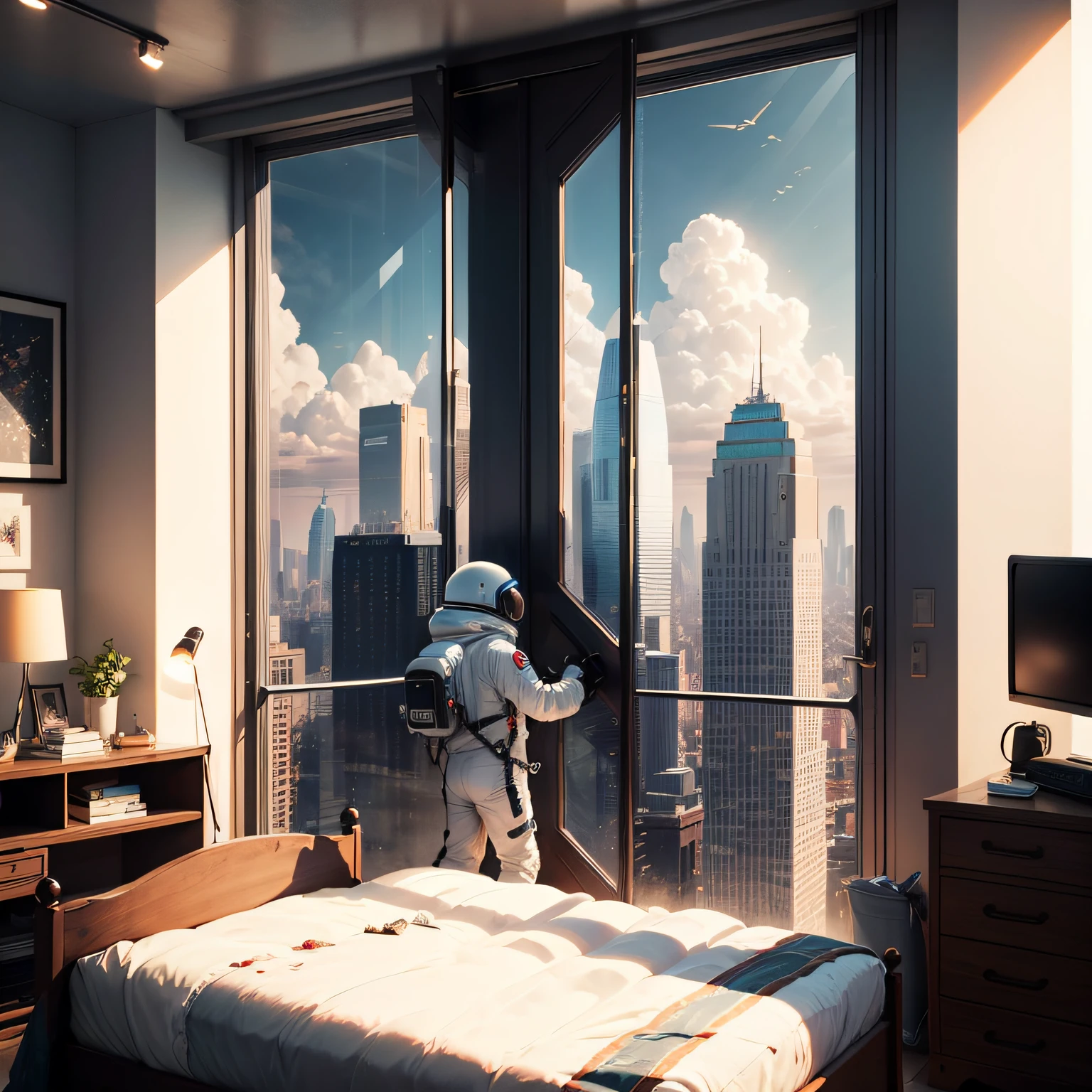 Astronaut wakes up in his bed in a large, bright room of a skyscraper, The tall windows of the building let you see the Metropolis in the background of the scene. The day is sunny, imagem hiperrealista, astronauta bem definidos, Accessories, Corpo, headpe, Hands, futuristic room and architectural ambience, e detalhes bem definidos, in the background a blue sky with white clouds in 3D, tudo em 8k, High quality image resolution, Hyperrealism in fiction illustration, pintura fosca digital --auto