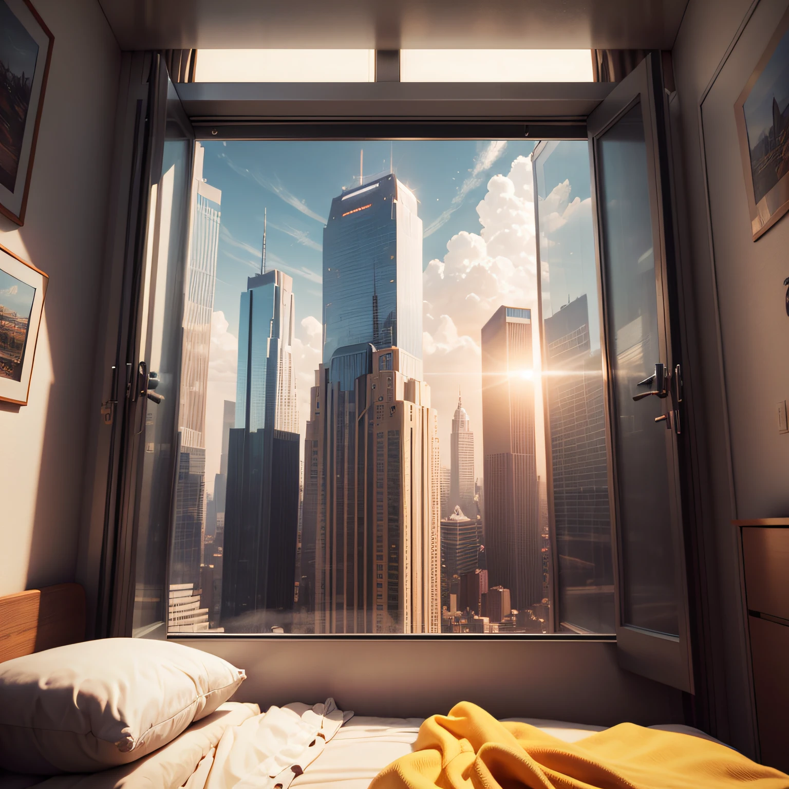 Astronaut wakes up in his bed in a large, bright room of a skyscraper, The tall windows of the building let you see the Metropolis in the background of the scene. The day is sunny, imagem hiperrealista, astronauta bem definidos, Accessories, Corpo, headpe, Hands, futuristic room and architectural ambience, e detalhes bem definidos, in the background a blue sky with white clouds in 3D, tudo em 8k, High quality image resolution, Hyperrealism in fiction illustration, pintura fosca digital --auto