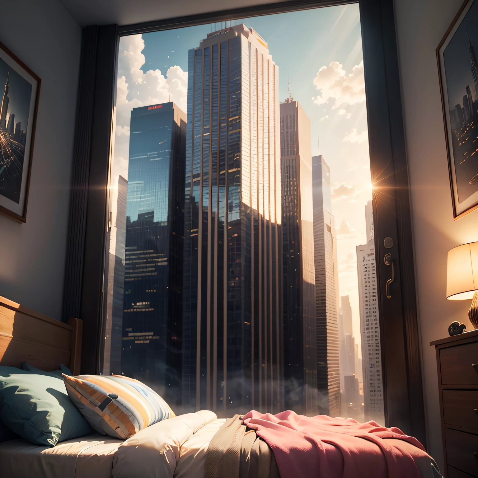 Astronaut wakes up in his bed in a large, bright room of a skyscraper, The tall windows of the building let you see the Metropolis in the background of the scene. The day is sunny, imagem hiperrealista, astronauta bem definidos, Accessories, Corpo, headpe, Hands, futuristic room and architectural ambience, e detalhes bem definidos, in the background a blue sky with white clouds in 3D, tudo em 8k, High quality image resolution, Hyperrealism in fiction illustration, pintura fosca digital --auto