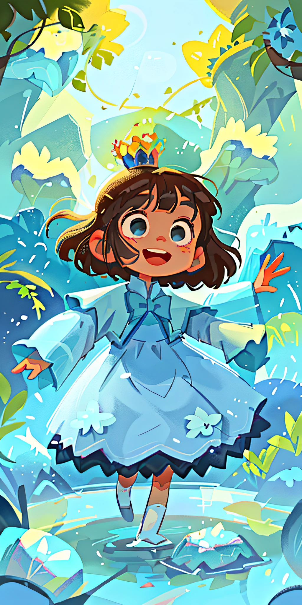 cartoon girl in a blue dress and a crown running through a forest, smiling as a queen of fairies, official artwork, queen of the fairies, cute art style, official art, water fairy, childrens art in artstation, official fanart, detailed fanart, queen of the forest, anime moe artstyle, official illustration, by Ryan Yee, a maid in a magical forest