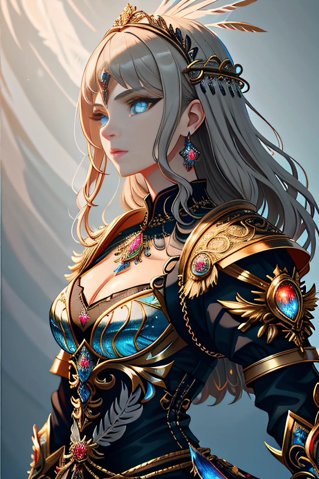 ultra detailed digital art, clean, a portrait of a beautiful woman, standing, goddess, LnF, a woman in an armor with feathers , wearing LnF, power stance, ornate, glow, photogenic, pretty face, grey-blue eyes, dark blonde hair, wavy hair, flat chest,