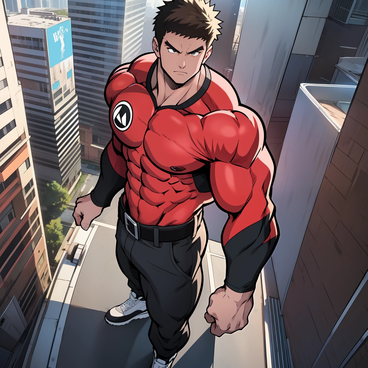 Generate anime-style art with a high-angle shot of a muscular male character with his body facing the camera, THE CHARACTER IS STANDING ON TOP OF A TALL BUILDING, The protagonist must have an extremely muscular body, very tall, similar to that of a bodybuilder. The character must have very short hair with dark brown bangs and must be wearing a red long sleeve T-shirt with black pants and a belt and must be wearing a white sneaker. The image should depict the character's entire body, focusing on his intimidating posture. The protagonist must exude strength and dominance, displaying a powerful presence. The scene should feature only the muscular character, THE CHARACTER SHOULD BE ON TOP OF A BUILDING SHOWING A LARGE CITY BELOW HIM