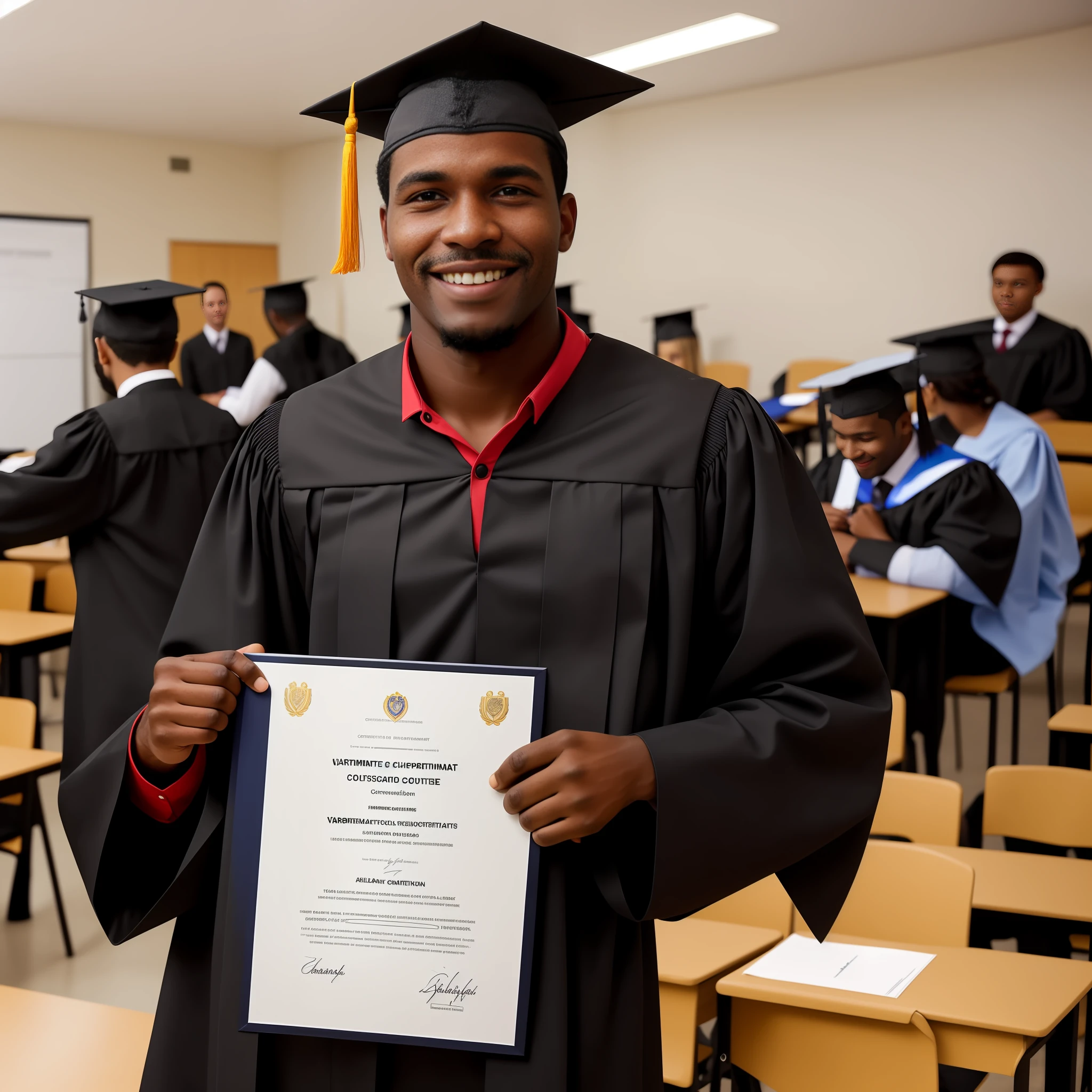 A black man, dressed in a humble manner, happily holds his diploma from a vocational course.