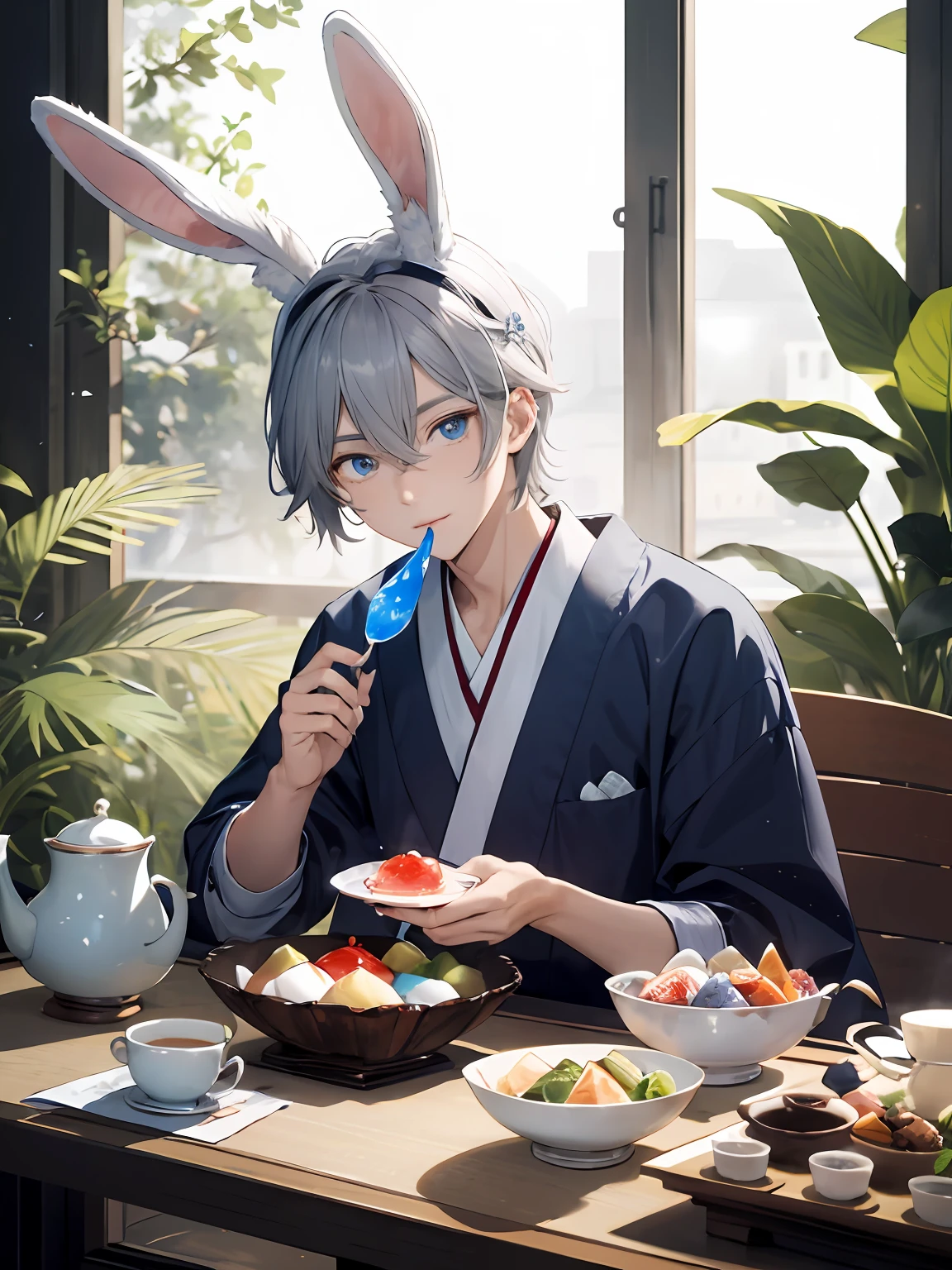 illutst、Cute Boy、Silver-haired blue-eyed rabbit ears、Diadem、Fantasia、独奏、Rabbit ears、Rabbit ears、jello、Large jelly、mtu、Refreshing breeze、Lazy afternoon、Elegant tea ceremony、Eating jelly、mtu、twinks、Solo、spooning、Beautiful blue jelly with a sense of foresight