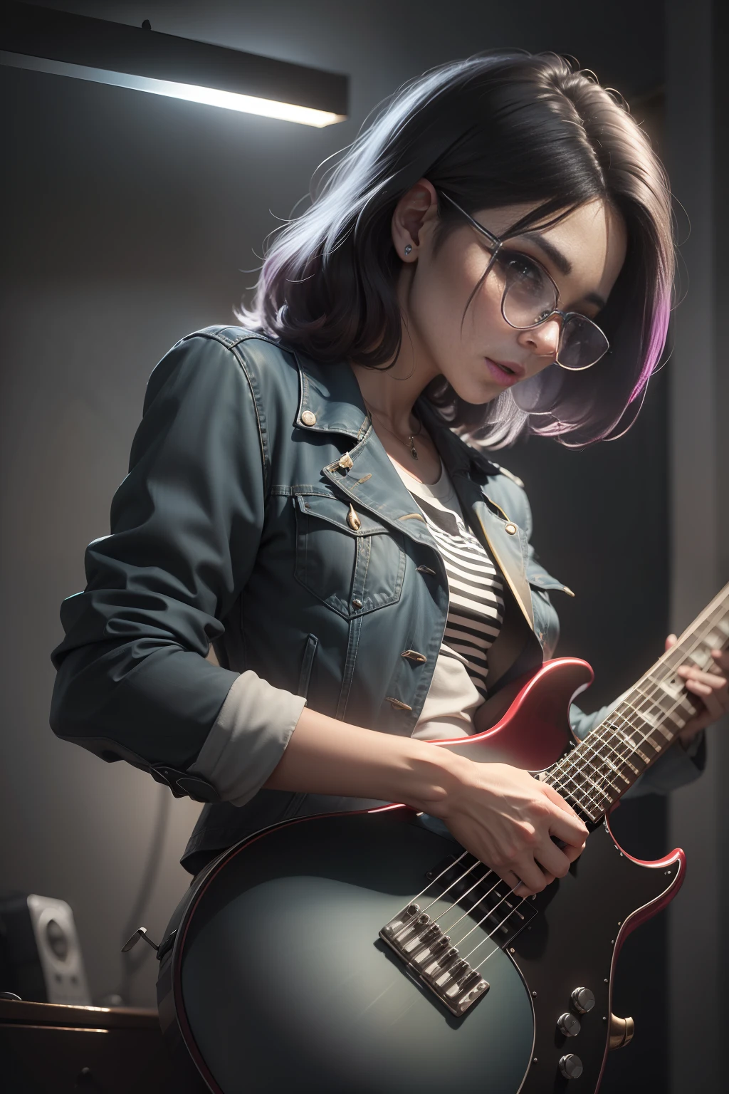 guttonerdvision6 ((1man)), ((cinematiclight)), homem de oculos, colorido, hiper detalhe, dramatic light, detalhes intrincados, melhor qualidade, (CG unidade 8k papel de parede extremamente detalhado, obra-prima, melhor qualidade, ultra-detalhado, melhor sombra), (fundo detalhado: 1.4), (belo rosto detalhado), Alto contraste, (best ilumination, um extremamente delicado,forte e belo), (homem: 1.5), solo, Gothic jacket, olhos castanhos, electric bass, contrabaixo, instrumento, cabelo longo, music, lado para cima, tocando contrabaixo, jeans black shirt, interior ((caustic)), dinamic angle, brilho detalhado bonito, corpo inteiro, luz neon, pirotecnia