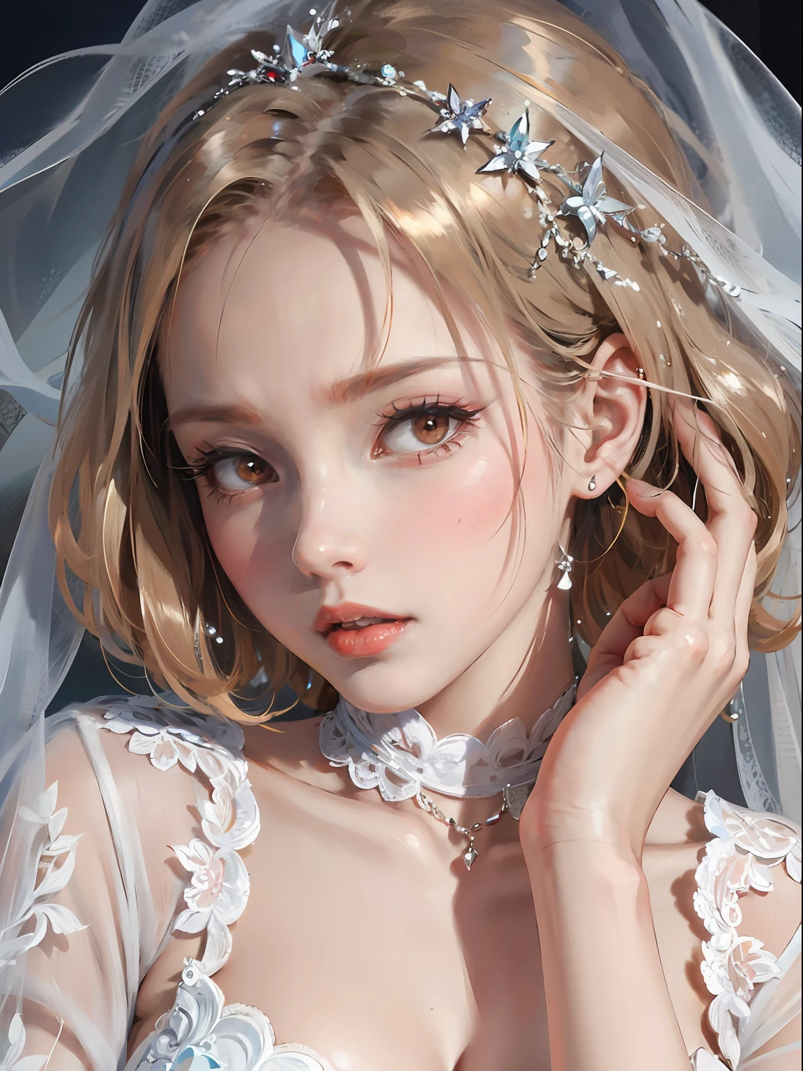 NSFW, (subjective hands on the belly), hand on belly, Mulheres, pale blonde hair, cabelos curtos, cabelos ondulados, Grande, cama, WLOP, deitada na cama, Branco, Decote em V, brassiere, anel no dedo, mordendo os labios, veil in hair, cabelos soltos, renda, nupcial, noiva, cinta liga, meia 7\8