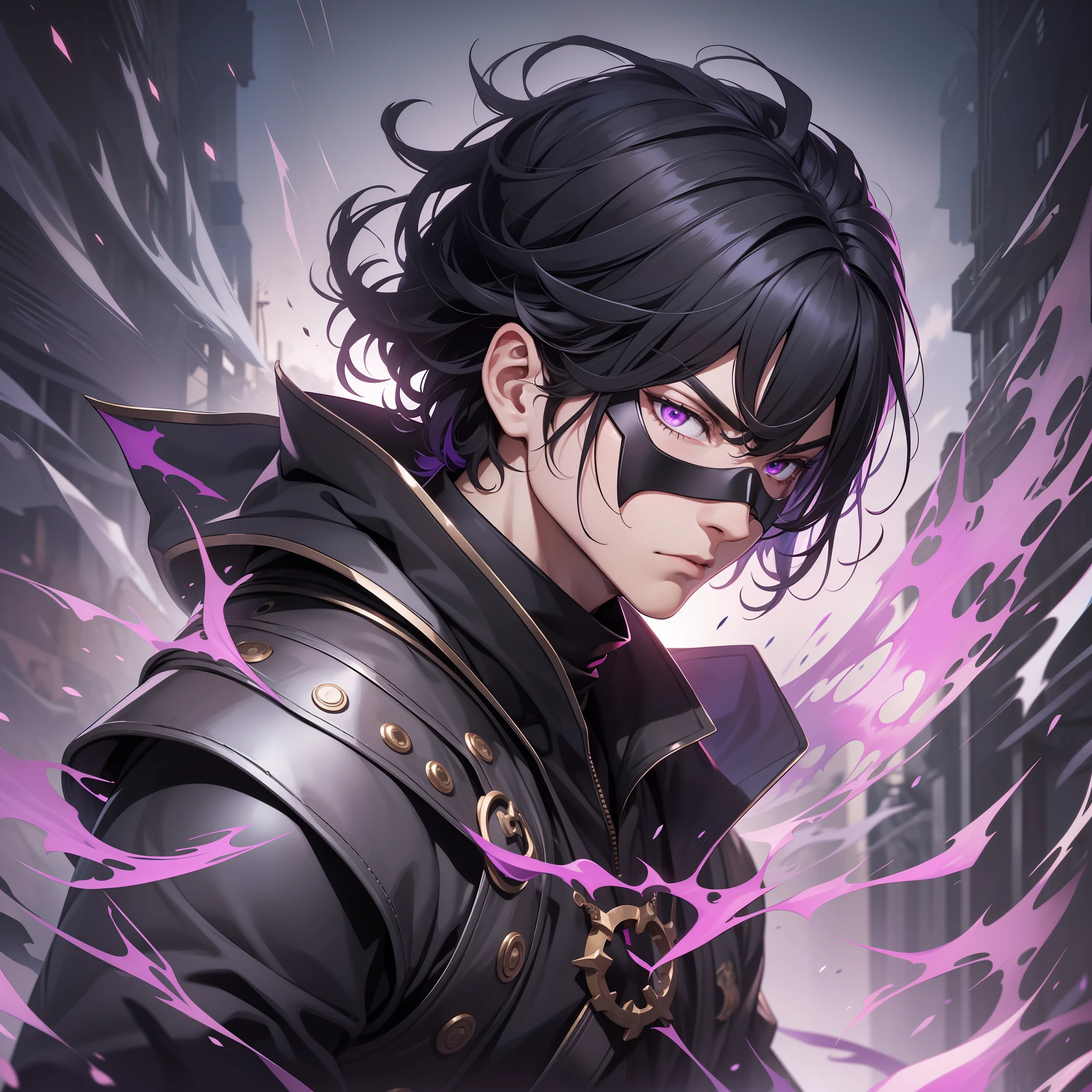 Black hair, Young, medium hair, male, male, arcane, medieval, serious, cold stare, purple eyes, powerful, mask covering face, Bang, 4k, good quality, UHD