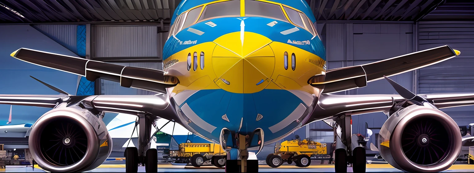 Panoramic photo of Aircraft maintenance hangar, Team of mechanics around the Boeing 737 jet aircraft, Airbus A320, Jato Honda,((bokeh claro)), intrincado, (steel metal [pintura amarelo e azul]), Sharp and elegant focus, Foto tirada por Greg Rutkowski, gentle illumination, cores vibrantes, obra prima, ((hangar ))