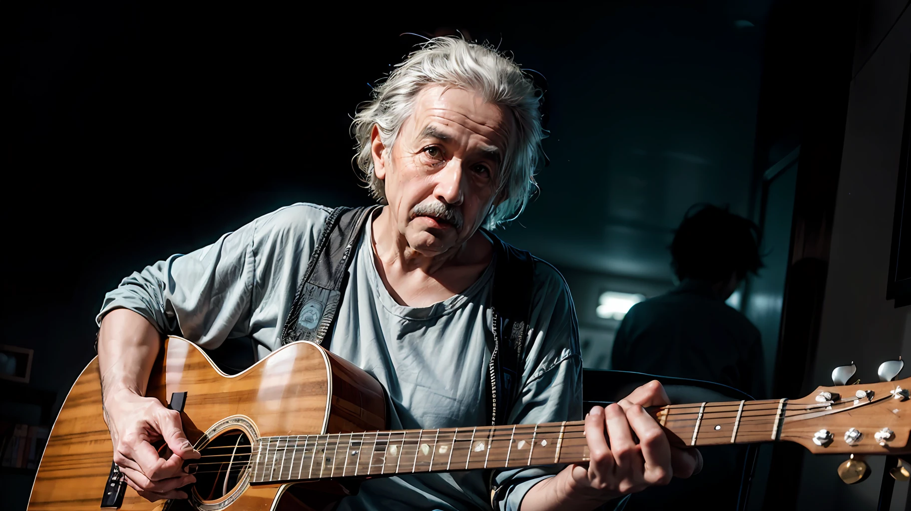 Albert Einstein tocando la guitarra, Tema oscuro, tonos relajantes, colores apagados, alto contraste, (Textura natural de la piel, Hiperrealismo, Luz suave, afilado),