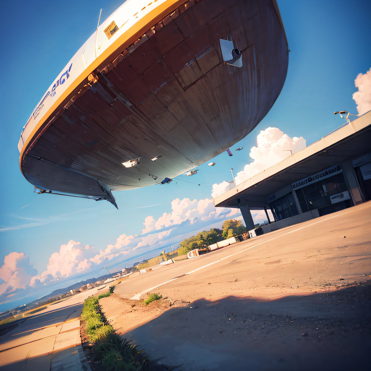 Spacecraft flies over a road from its window an astronaut looks at deserted road. The day is sunny, imagem hiperrealista, astronauta bem definidos, Accessories, Corpo, headpe, Hands, and well-defined spacecraft and nature details, in the background a blue sky with white clouds in 3D, tudo em 8k, High quality image resolution, Hyperrealism in fiction illustration, pintura fosca digital --auto