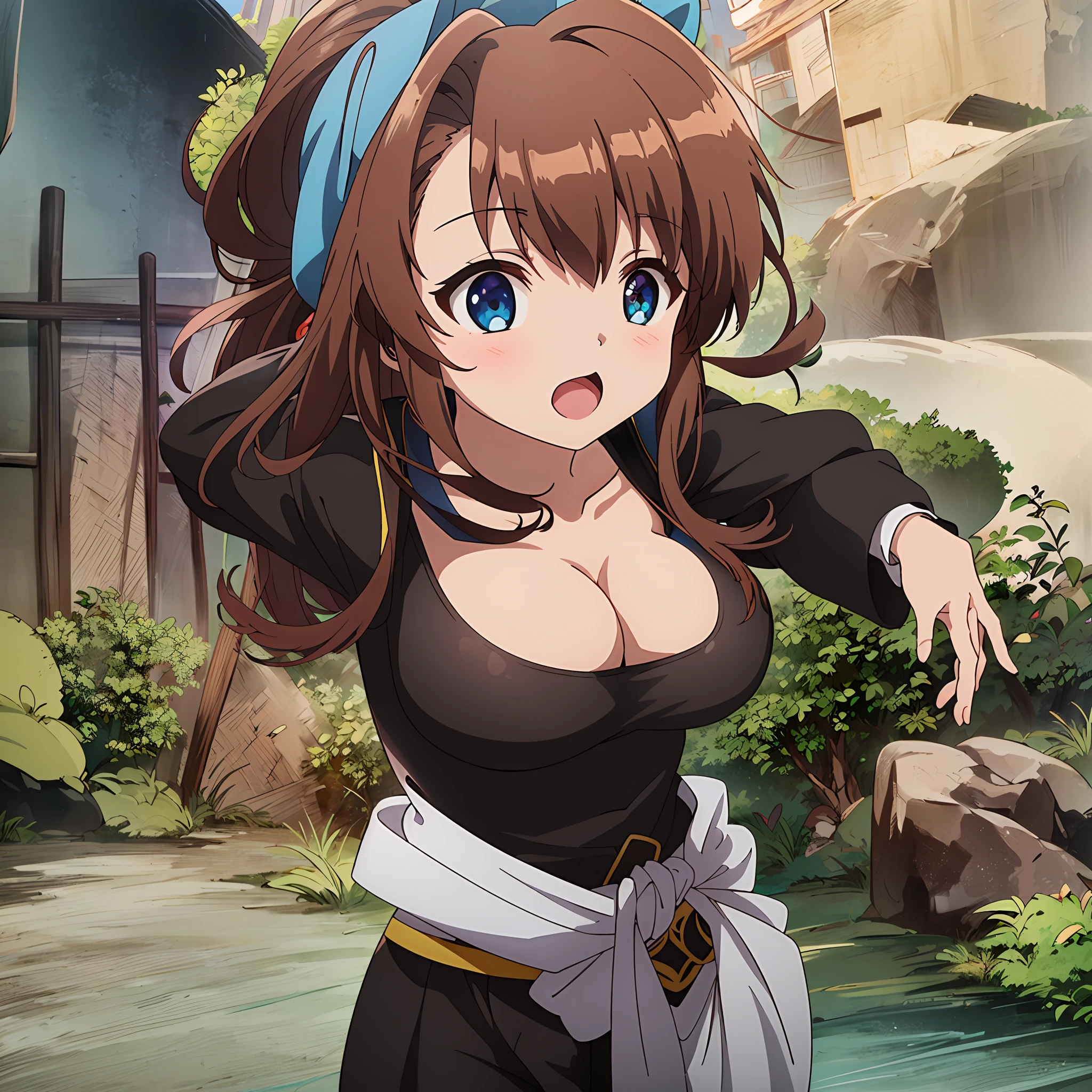 (ultra hyper-detailed、Hi-Def、Kyoto Animation Style Anime Illustration、Top Quality Official Art Feature:1.6)、、Detailed beautiful face and eyes、Highly detailed body、Nice hands with very detailed hair、perfect hand、beautifull hands、(1girl in:1.4)、(Chibi:0.8)、(kawaii:1.2)、(a cute:1.2)、(boobs :1.5)、1 girl、Cat's ears、(big tit、Beautiful breasts、cleavage looks bigger、Brown-haired、Semi-long hair with trimmed hair、 long sleeves:1.5)、(Dynamic angles、Looking at the camera、Upper body body、Ninja bandana,Black Ninja Jacket,Ninja pants,Ready with bitterness、Character Focus:1.2)、1 girl、(Medium、Black hair、Semi-long hair with trimmed hair)、break、Ninja covered building,Ninja Garden,Ninja dwelling,Mountains and forests background,