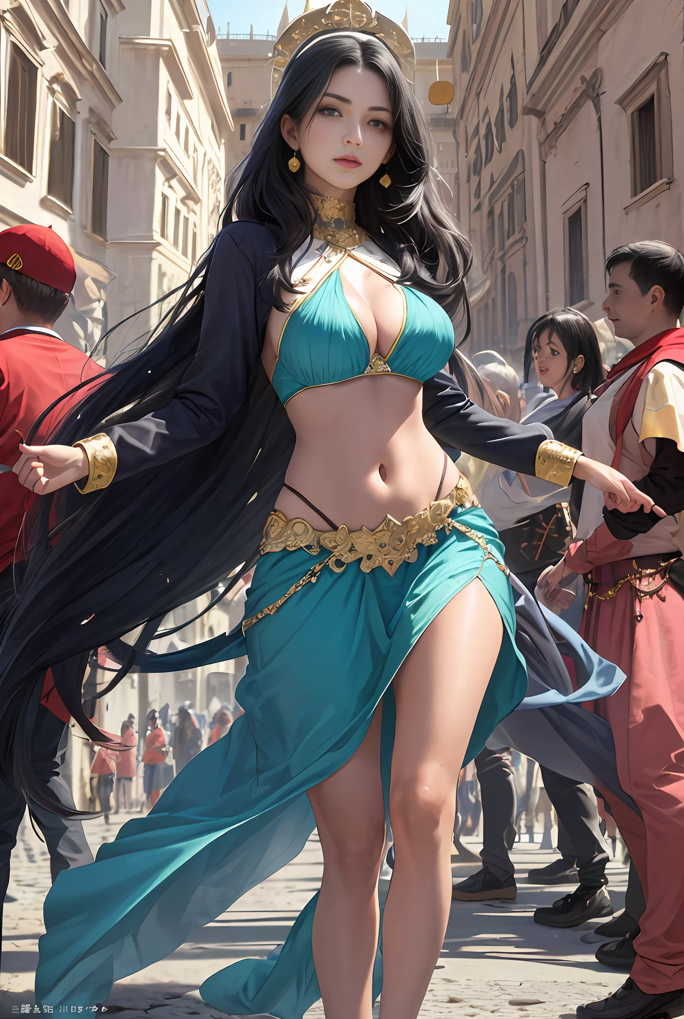(巨作, Best quality, Realistic),
1girl huge large breasts,(on the St. Peter's Square of Vatican,crowd of,navel),gypsy dress,(Princess Eyes,shiny pupils),Dancing,  Gold, banquet, crowd of, picking up skirt,Pale skin,
[Slight smile],