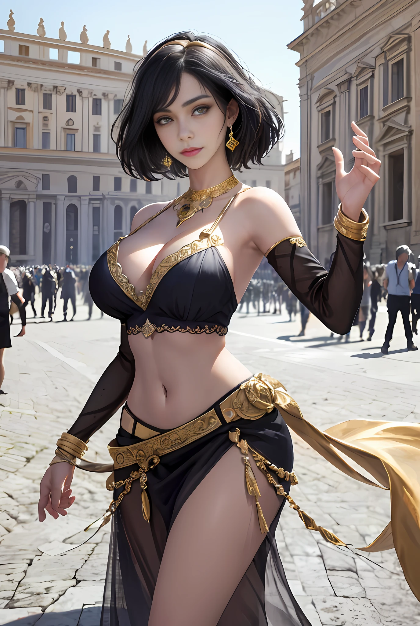 (巨作, Best quality, Realistic),
1girl huge large breasts,(on the St. Peter's Square of Vatican,crowd of,navel),gypsy dress,(Princess Eyes,shiny pupils),Dancing,  Gold, banquet, crowd of, picking up skirt,Pale skin,
[Slight smile],