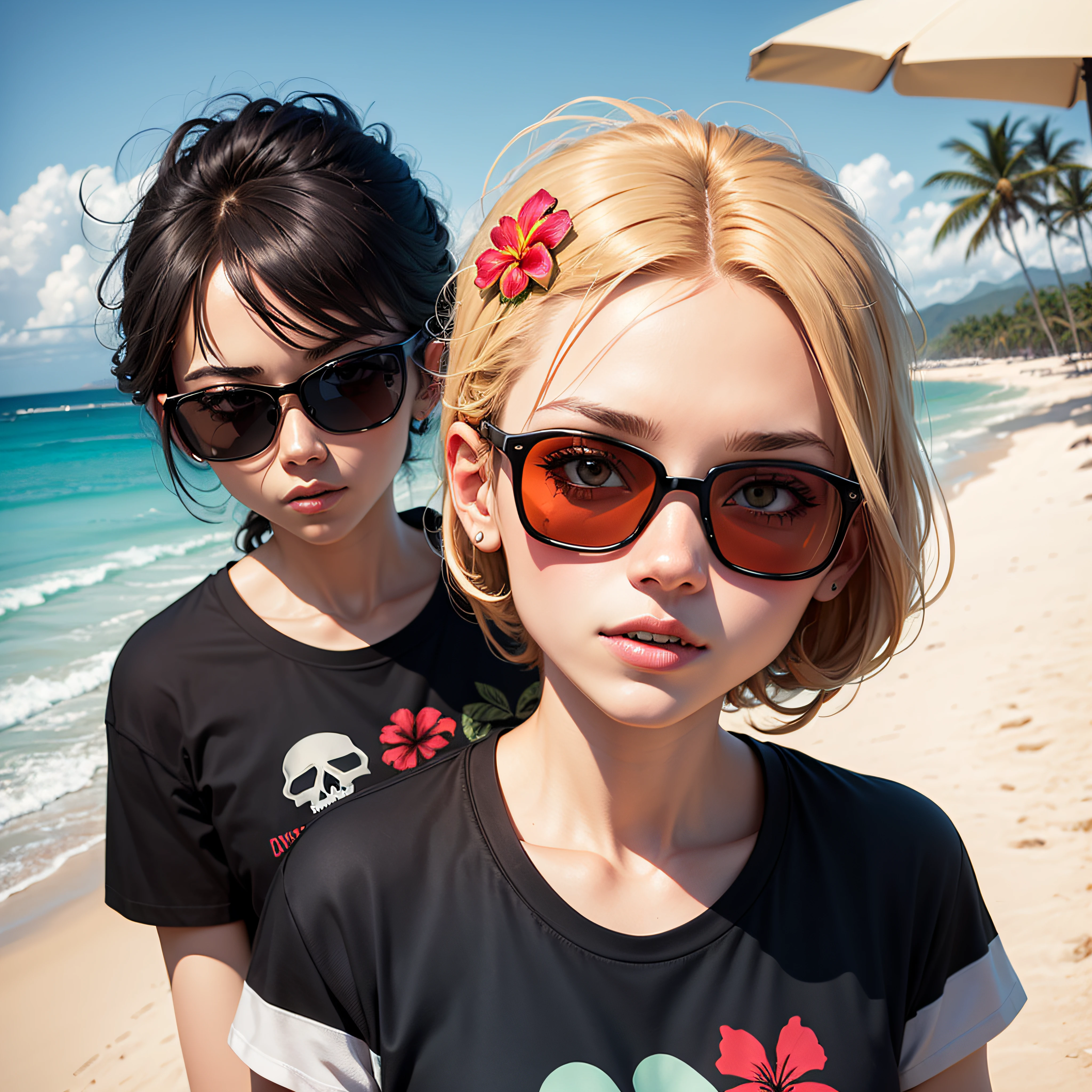 vector drawing, 2d drawing of a skull wearing sunglasses and Hawaiian flowers around it, and a beach in the background, 2d drawing for t-shirts --auto