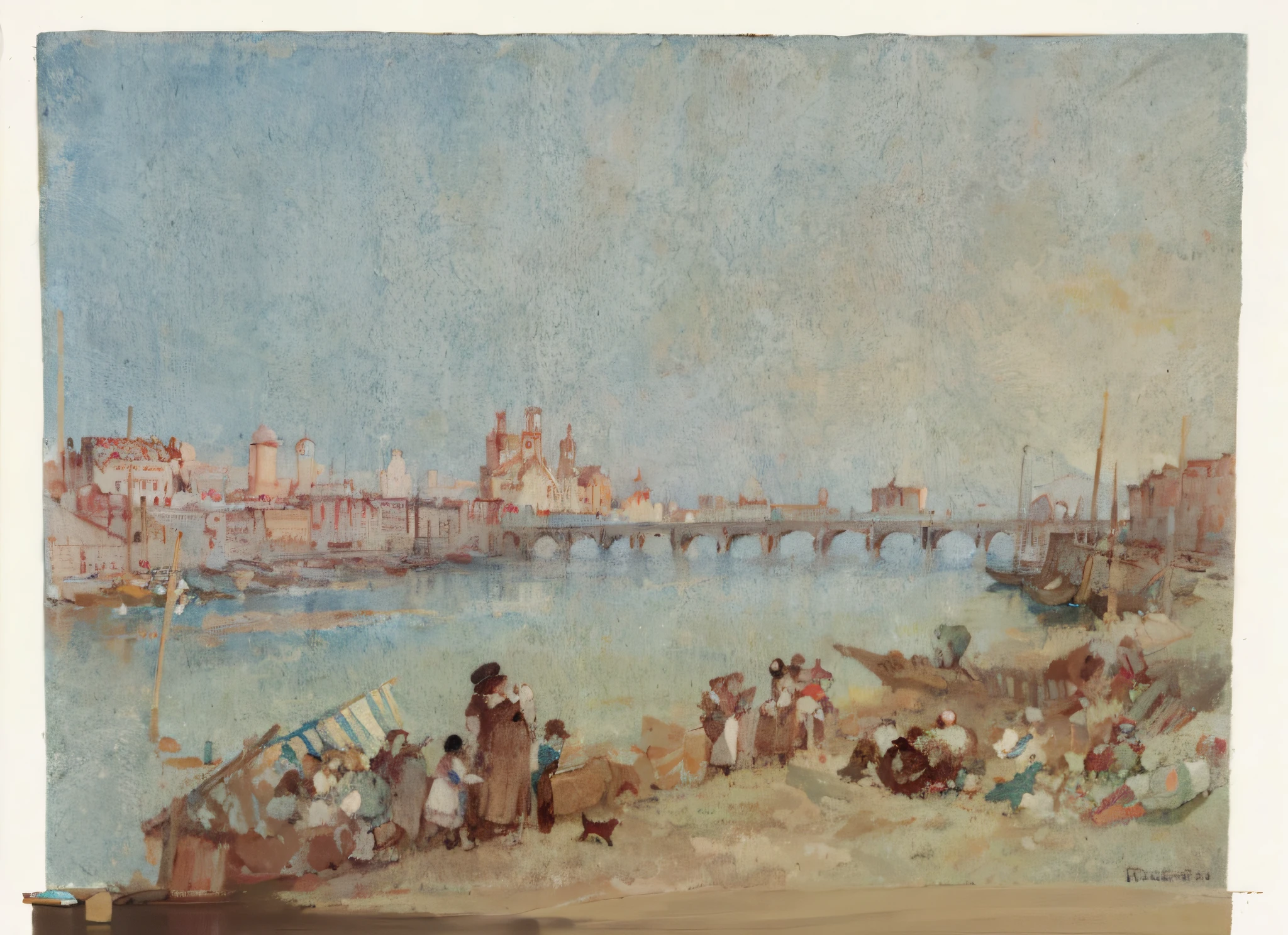 painting of a group of people standing on a beach next to a river, inspired by Richard Parkes Bonington, author：Richard Parkes Bonnington, author：William Turner（William Turner），Oxford, jmw turner, joseph mallord william turner, inspired by Samuel Prout, Beach scene, author：Samuel Prout, italian beach scene, turner whimsical, inspired by Francesco Guardi