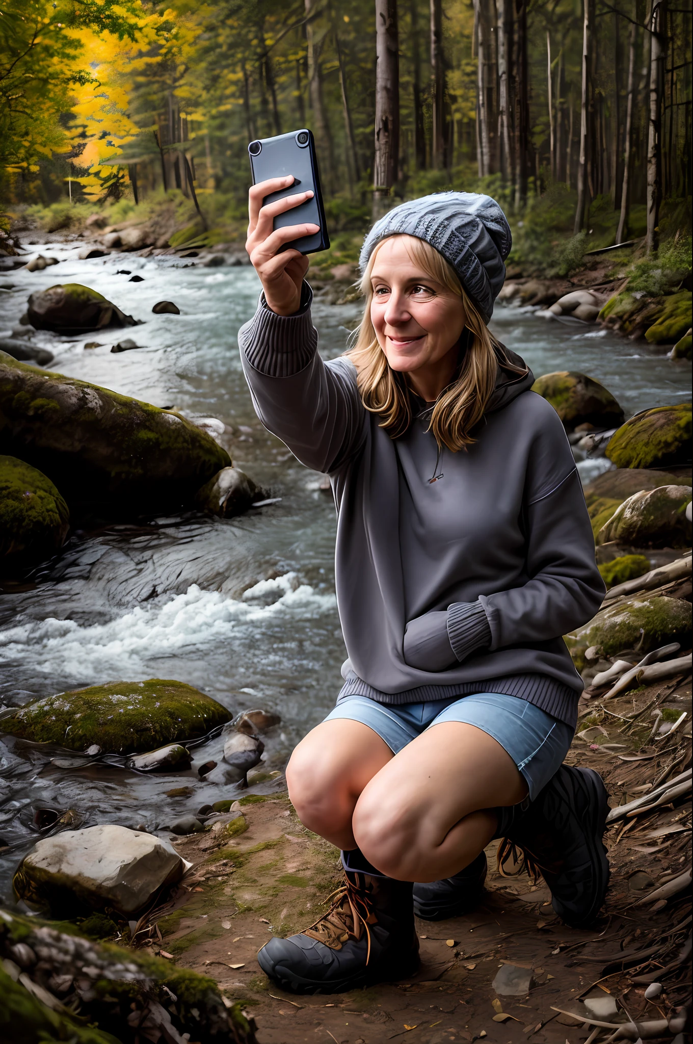 1 woman ((upper body selfie, happy)), masterpiece, best quality, ultra-detailed, ground, outdoor, (night), mountains, nature, (stars, moon) cheerful, happy, backpack, bag sleeping bag, camping stove, water bottle, mountain boots, gloves, sweater, hat, lantern, forest, rocks, river, wood, smoke, shadows, contrast, clear sky, style, (warm hue, warm tone): 1.2), close-up, cinematic light, side lighting, ultra high resolution, best shadow, RAW, upper body, old man, wearing pullover