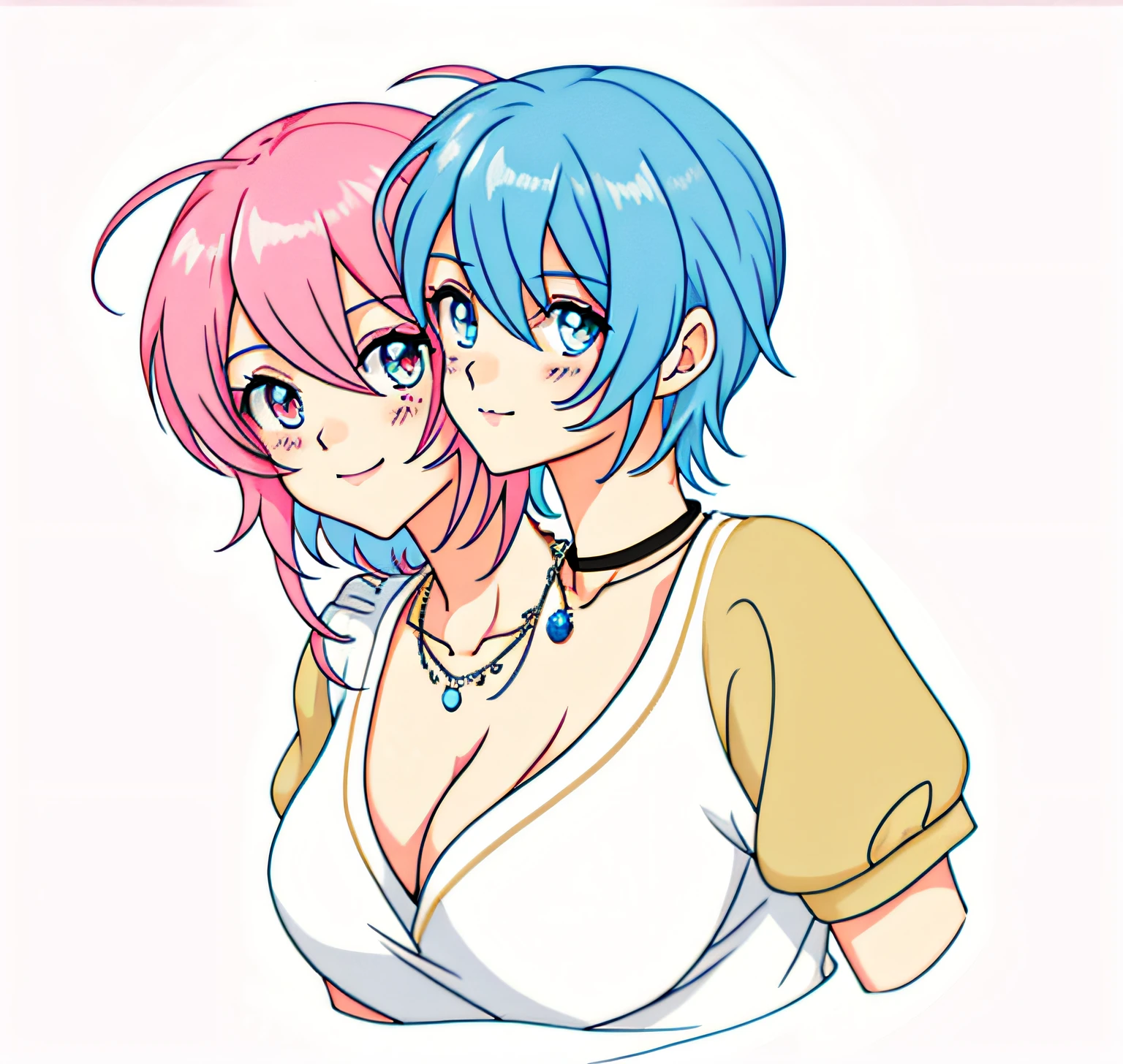 anime characters with pink and blue hair conjoined, 2 d anime style, 2 d anime, 2 d art, 2d art, two headed, brother and sister conjoined, breasts, bust shot, necklaces, two heads on one body, dicephalic conjoinment, male and female conjoined twins, male and female heads on one body, blue-haired male, pink-haired female, breasts, cleavage