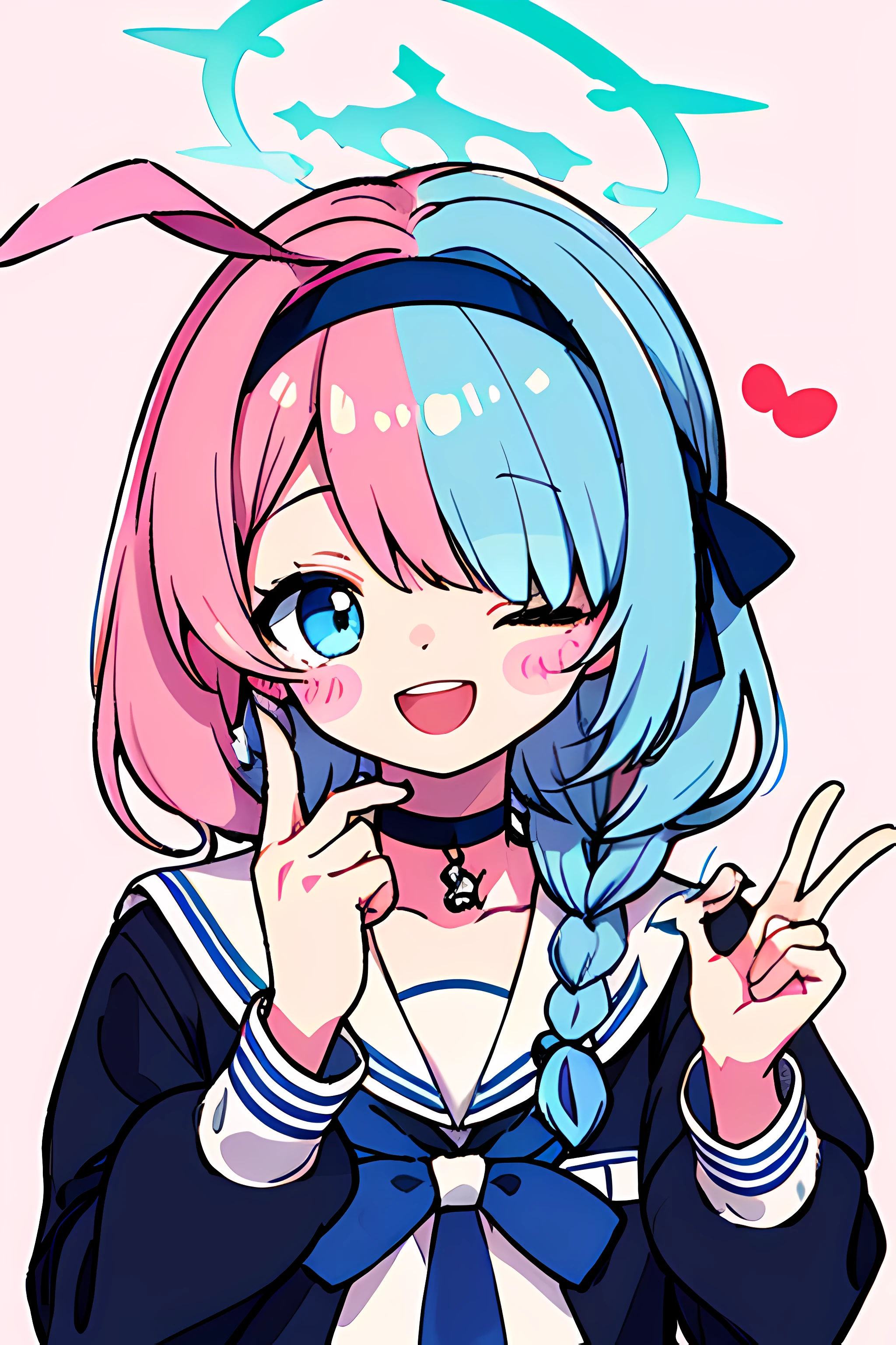 masterpiece, intricate detail,best quality 1girl, arona (blue archive), blue hair, white sailor collar, one eye closed, blue shirt, shirt, v, long sleeves, smile, solo, puffy long sleeves, sailor collar, white bow, bow, braid, bangs, multicolored hair, blue eyes, upper body, sparkle, halo, hairband, ribbon, school uniform, white hairband, hair over one eye, blush stickers, single braid, puffy sleeves, open mouth, white choker, white ribbon, ;d, hair ribbon, choker, blue serafuku, serafuku, two-tone background, looking at viewer, two-tone hair, heart, blush, pink background, white background, pink hair, stuffed toy