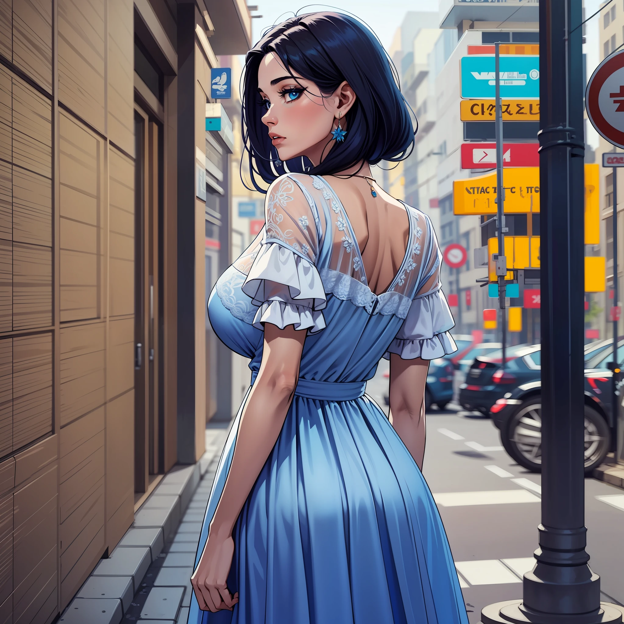 Uma mulher, loira, vestido azul, em uma cidade