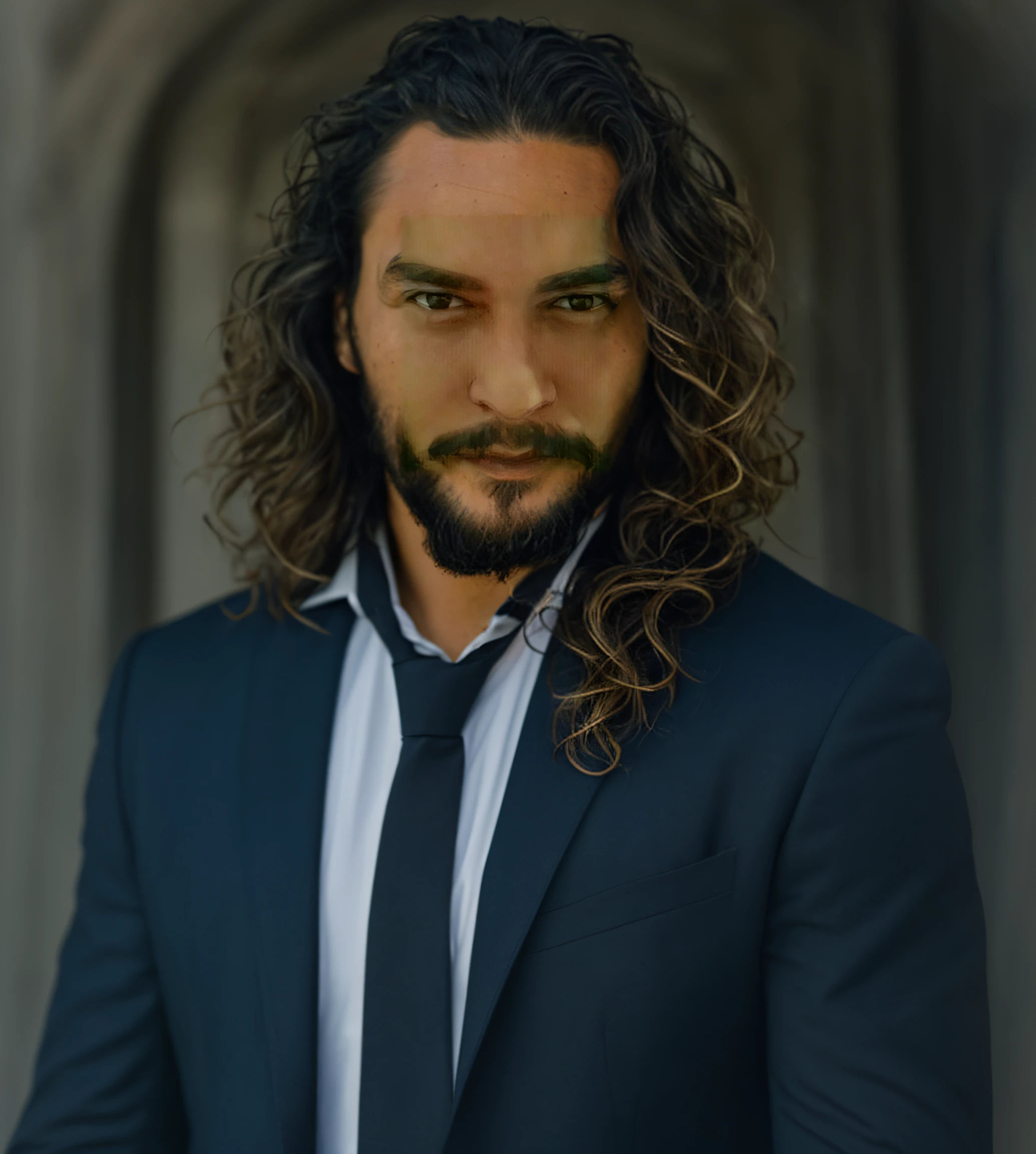 create with my face a realistic image of a rich man, with jason momoa's hair, in a suit, in santorini, greece