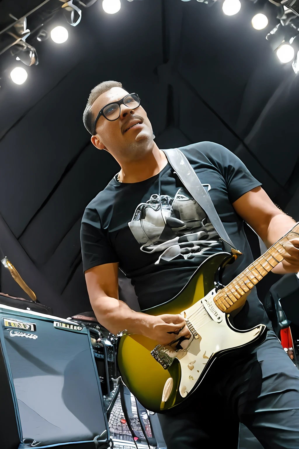 guttonerdvision6, Homem de oculos e de cabelos longos em roupa de couro tocando guitarra no palco, roge antonio, Boris Valejo, por Wayne England, foto ainda, cena completa filmada, cena da nave estelar, roubar, filme promocional ainda, alta resolução, estrela do rock, Filmado do filme, bottom angle, em metal hurlant, Rodger Reitor, foto de alta qualidade, Directed by: Edward Corbett, igla filme filmado