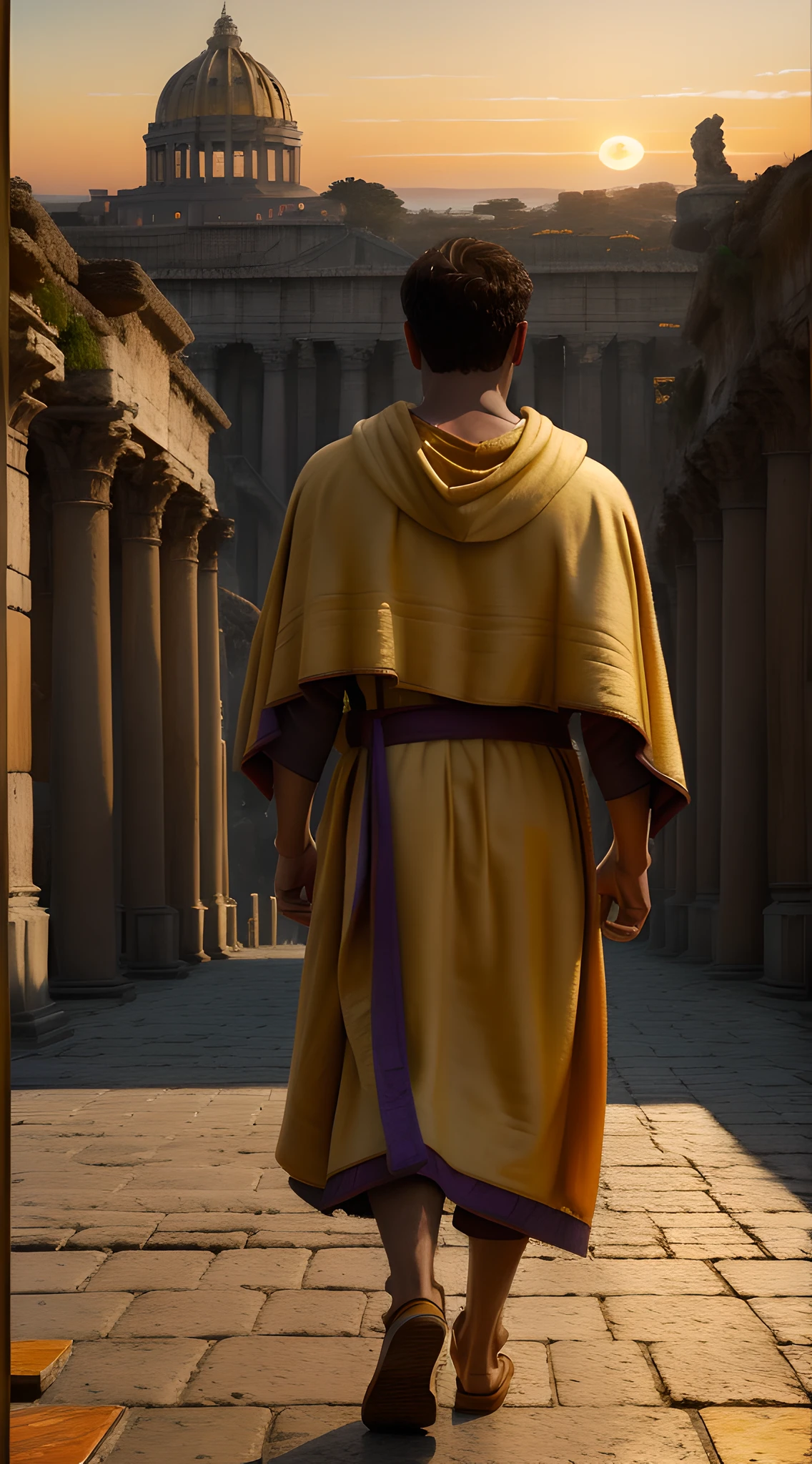 (masterpiece, UHD, realistic style, oil painting by Greg Rutkowski:1.3), age Romulus Augustus, (imperial robes:1.2), gold embroidery, solemn expression, walking away, uneven footpath, departing from Roman city, intricate architecture, fading daylight, (late sunset:1.2), oranges and purples lighting the scene, 5th-century atmosphere, cool colors, melancholic mood, back view.
