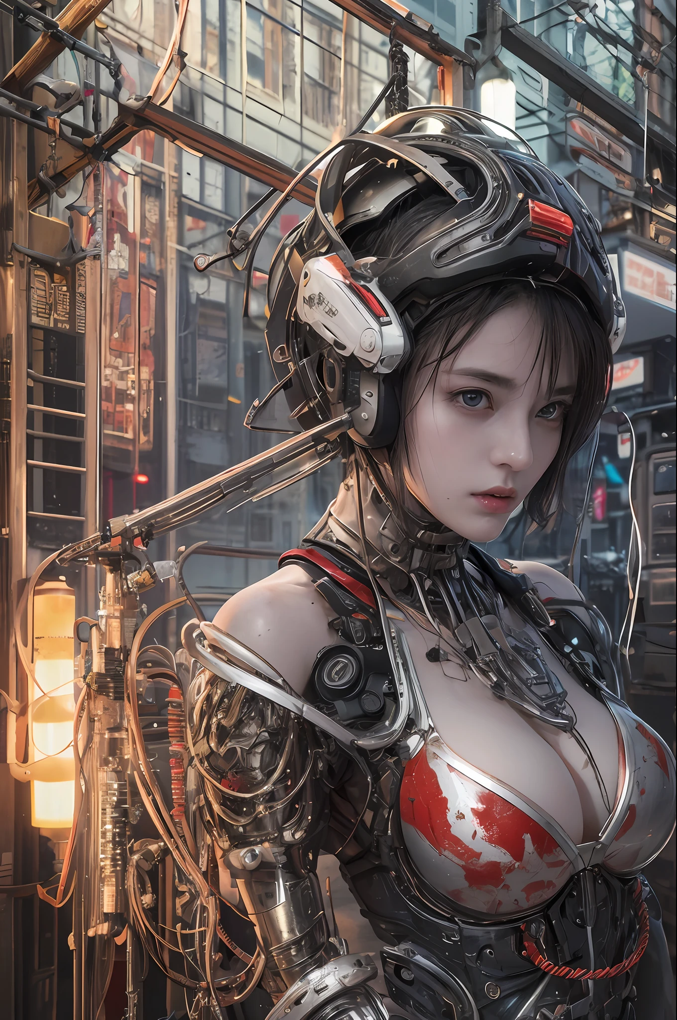 Top Quality, Masterpiece, Ultra High Resolution, (Photorealistic: 1.4), Raw Photo, 1 cyberpunk Girl, Black Hair, Glossy Skin, 1 Mechanical Girl, (Ultra Realistic Detail)), Full body, Global Illumination, Contrast, Shadows, Octane Rendering, 8K, Ultra Sharp,  , Raw Skin, Metal, Intricate Ornament Details, Japan Details, Very intricate details, realistic light, CGSoation trend, facing the camera, neon details, mechanical limbs, blood vessels connected to the tube, mechanical vertebrae attached to the back, mechanical cervical attachment to the neck, wires and cables connecting to the head, gundam, small LED lamps.