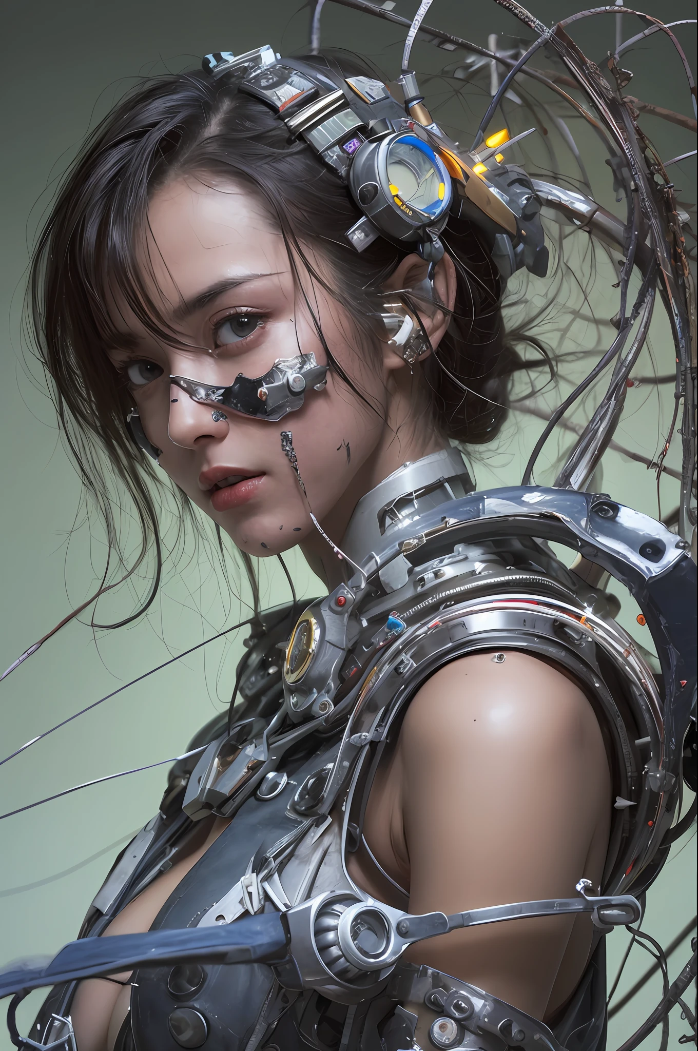 Top Quality, Masterpiece, Ultra High Resolution, (Photorealistic: 1.4), Raw Photo, 1 cyberpunk Girl, Black Hair, Glossy Skin, 1 Mechanical Girl, (Ultra Realistic Detail)), Full body, Global Illumination, Contrast, Shadows, Octane Rendering, 8K, Ultra Sharp, Cleavage Exposed, Raw Skin, Metal, Intricate Ornament Details, Japan Details, Very intricate details, realistic light, CGSoation trend, facing the camera, neon details, mechanical limbs, blood vessels connected to the tube, mechanical vertebrae attached to the back, mechanical cervical attachment to the neck, wires and cables connecting to the head, gundam, small LED lamps.