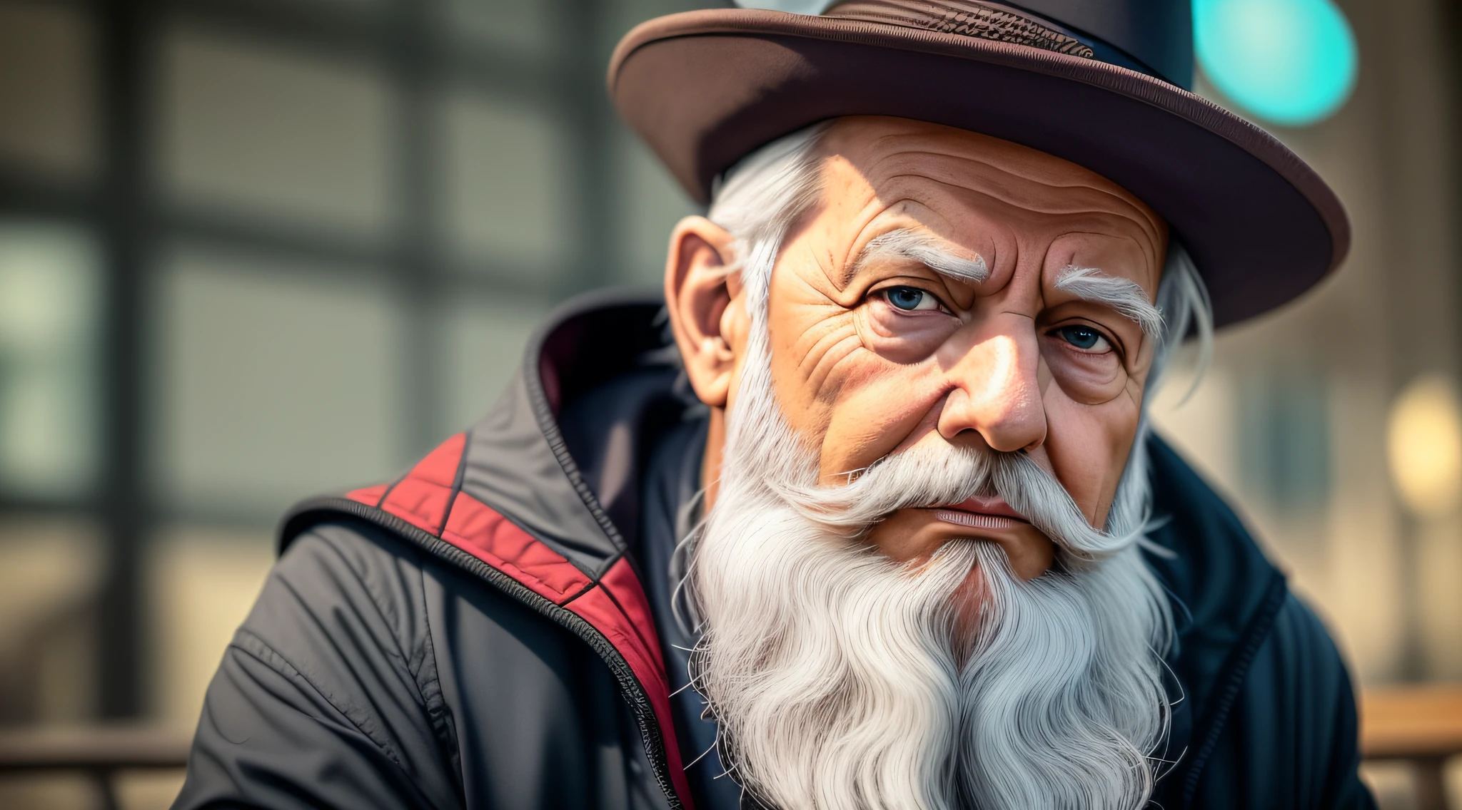 arafed man with a beard and a hat sitting on a bench, Donald Trump como um sem-teto, Sem-teto qualificado, sem-teto, Retrato bonito de um desesperado, Wise Old Man, foto de um homem, foto do retrato de um homem velho, homem triste, cyberpunk sem-teto, O olhar de um idoso, indigente, uma foto de um homem, um velho