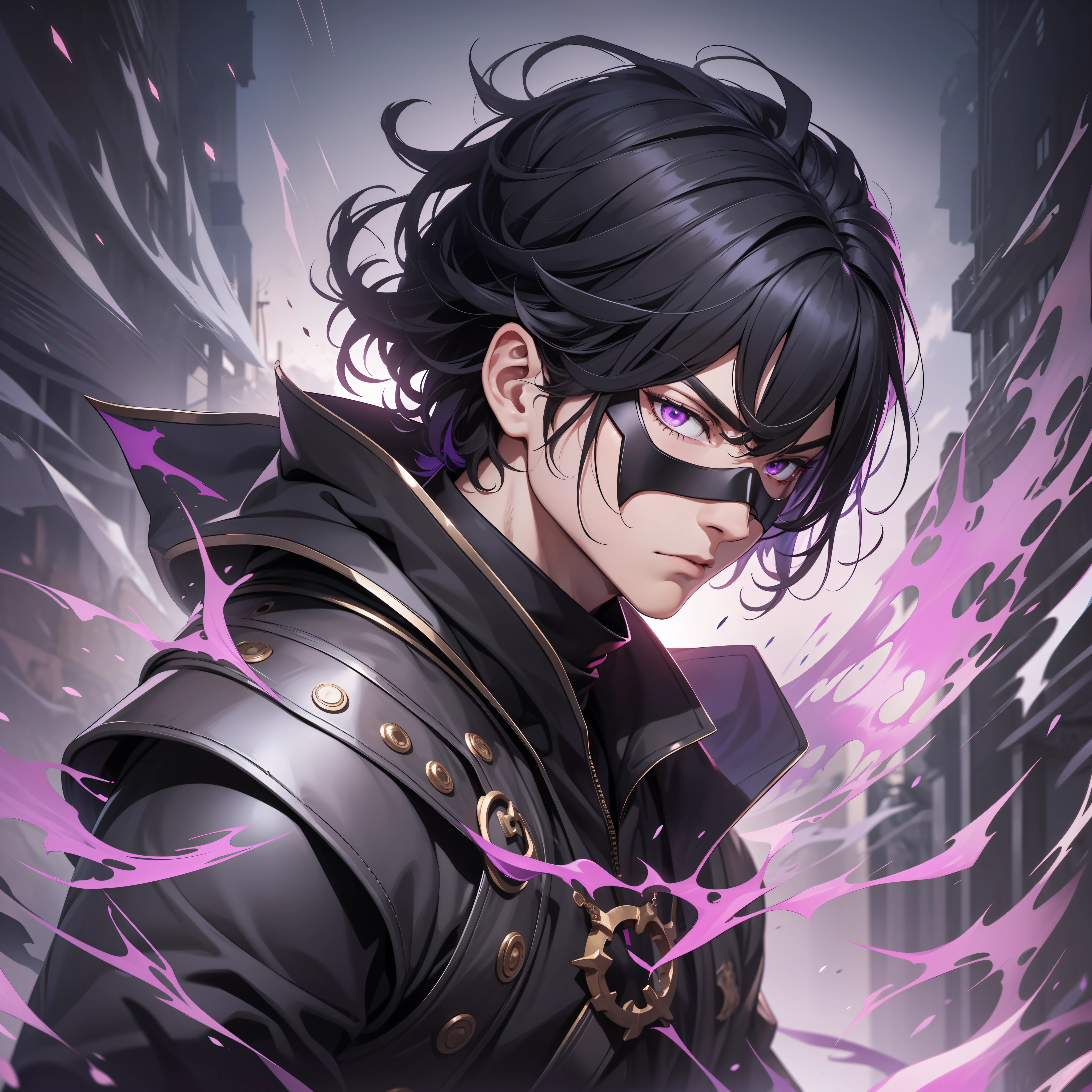 Black hair, Young, medium hair, male, male, arcane, medieval, serious, cold stare, purple eyes, powerful, mask covering face, Bang, 4k, good quality, UHD