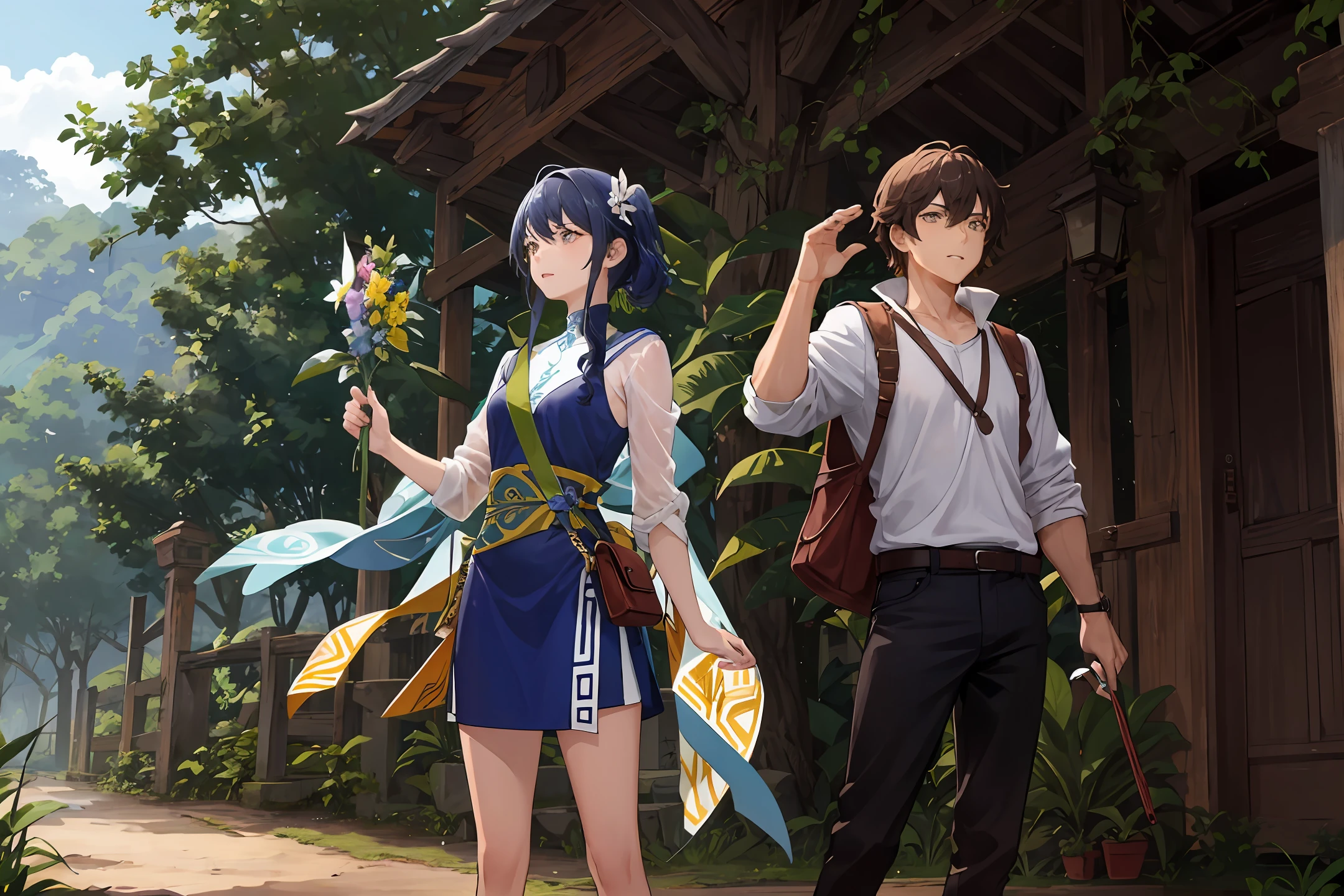 Make a banner of two characters, um azul e outro marrom, que fogem na floresta