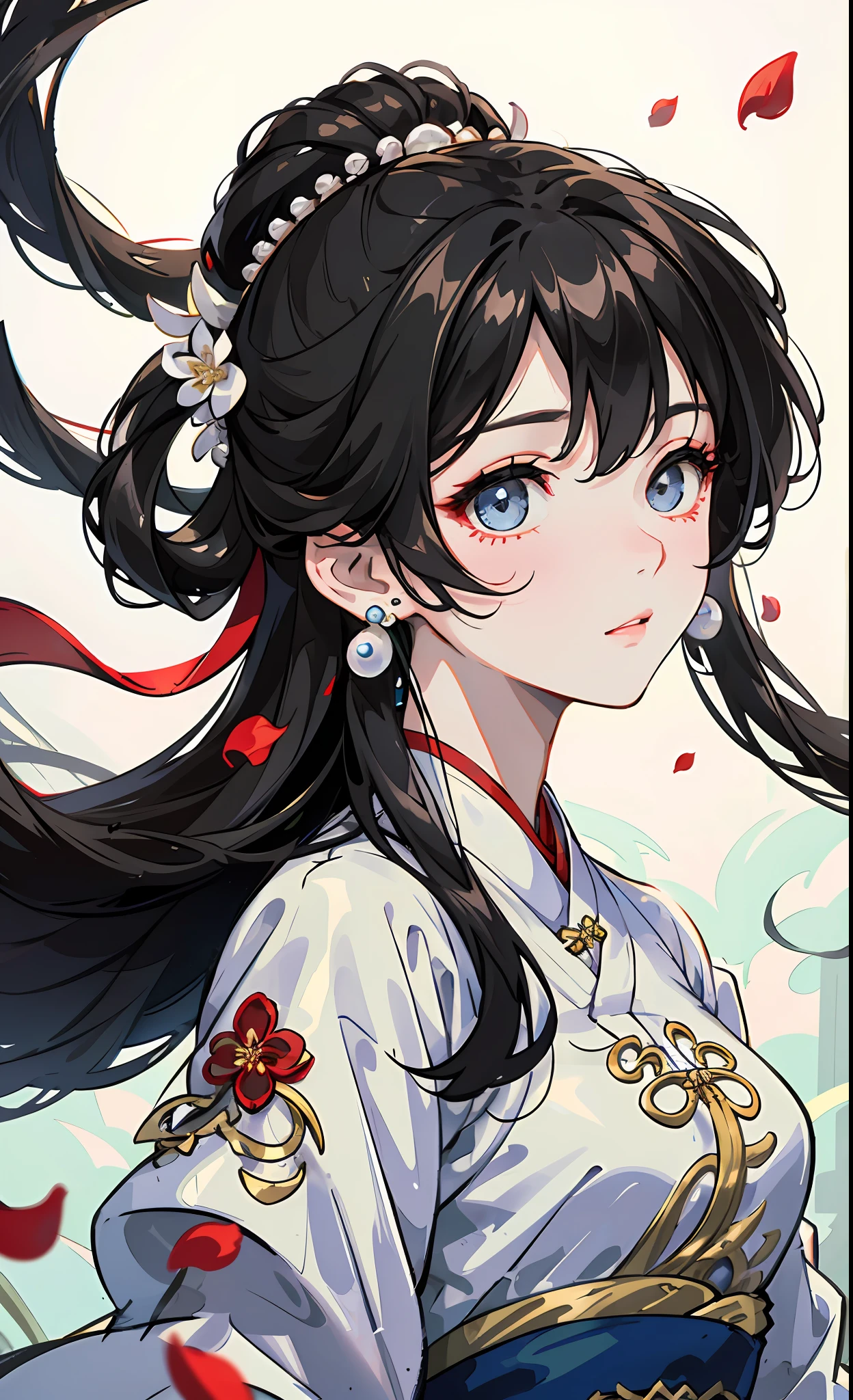 Mature girl , black hair, floating hair, delicate and smart eyes, intricate damask hanfu, gorgeous accessories, wearing pearl earrings, FOV, f1.8, masterpiece, complex scene, petals flying, front portrait shot, Chang'e