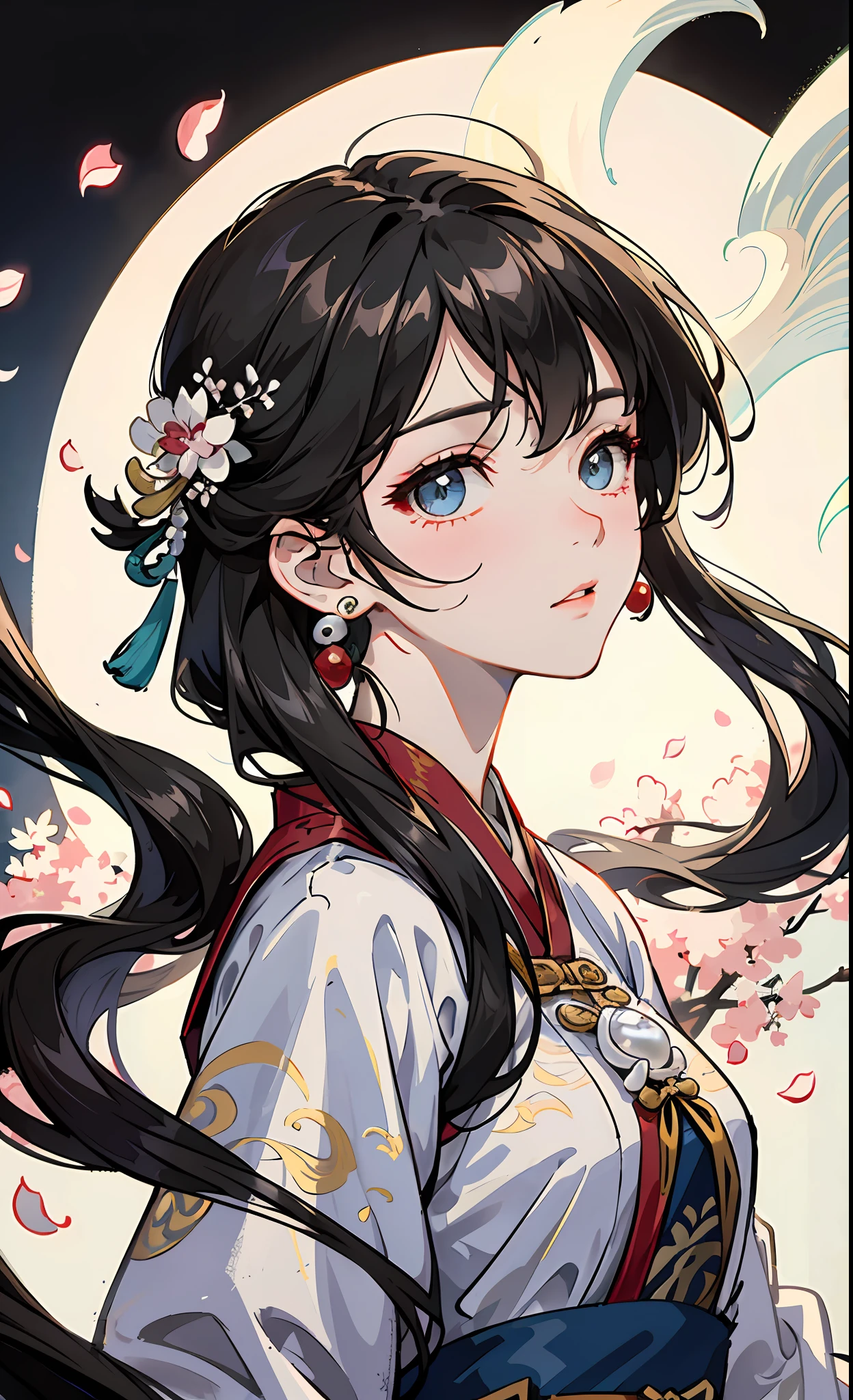 Mature girl , black hair, floating hair, delicate and smart eyes, intricate damask hanfu, gorgeous accessories, wearing pearl earrings, FOV, f1.8, masterpiece, complex scene, petals flying, front portrait shot, Chang'e