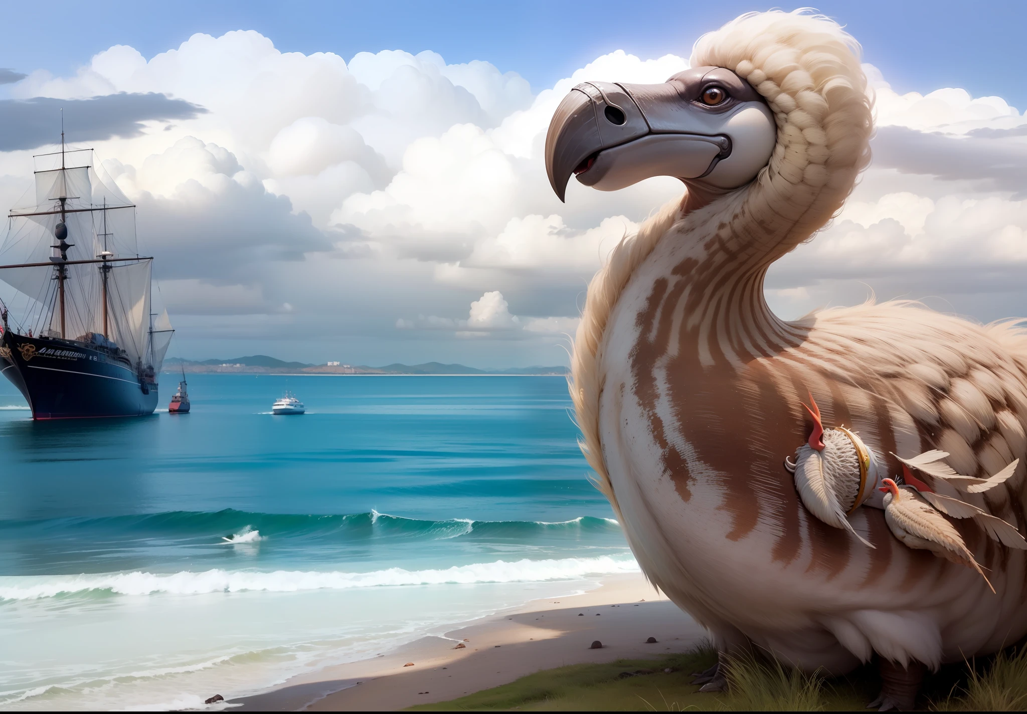 Quero umq foto de navios dos portugueses chegando na ilha, e o dodo ave vendo tudo