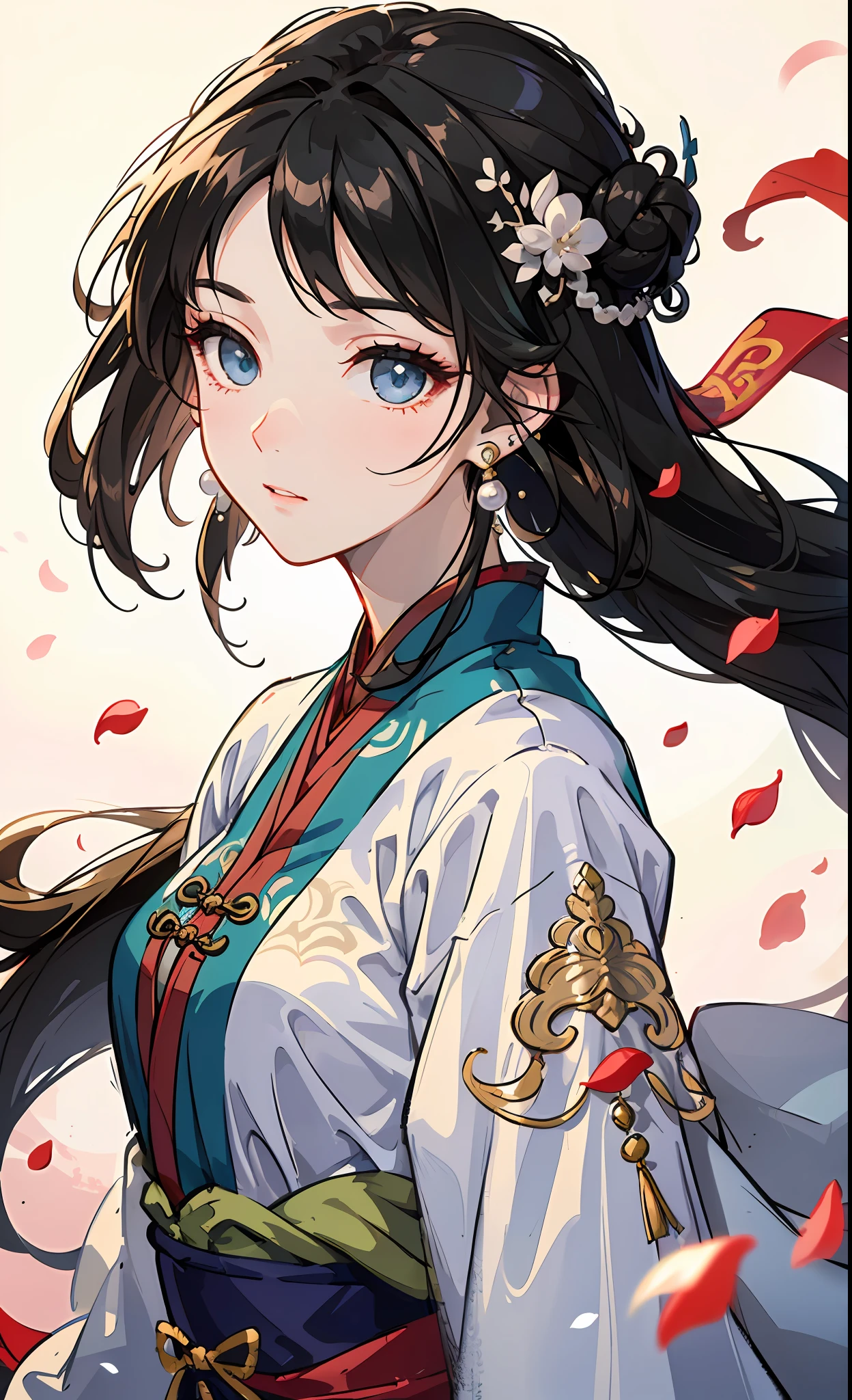 Mature girl , black hair, floating hair, delicate and smart eyes, intricate damask hanfu, gorgeous accessories, wearing pearl earrings, FOV, f1.8, masterpiece, complex scene, petals flying, front portrait shot, Chang'e