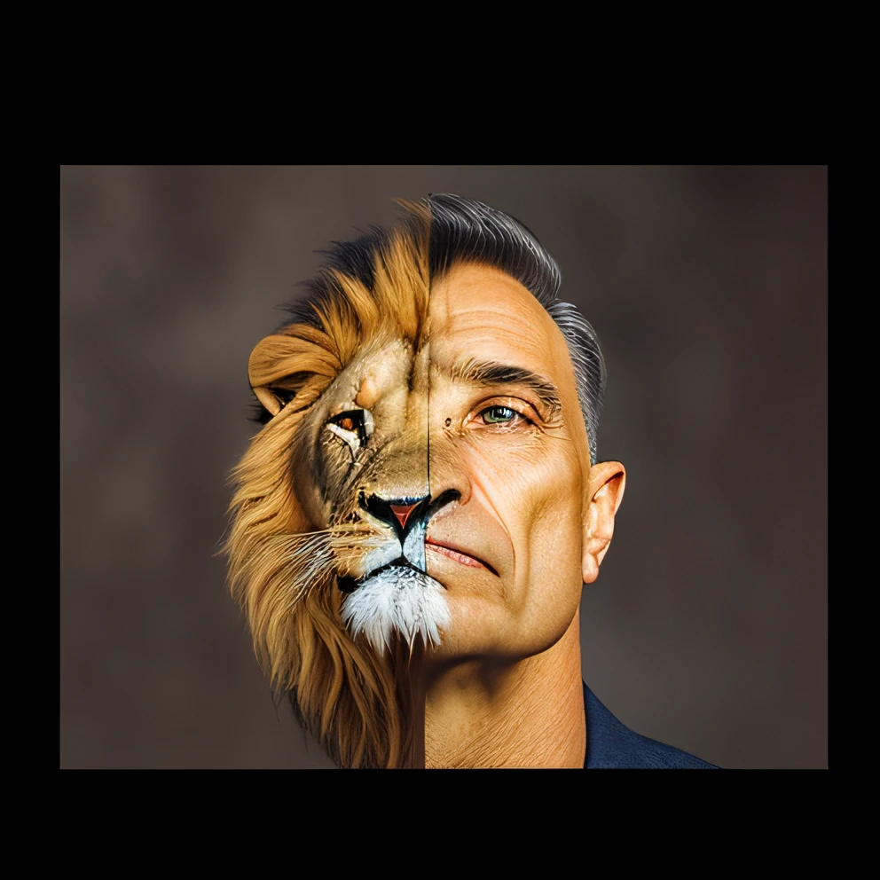 Half lion and half profile portrait