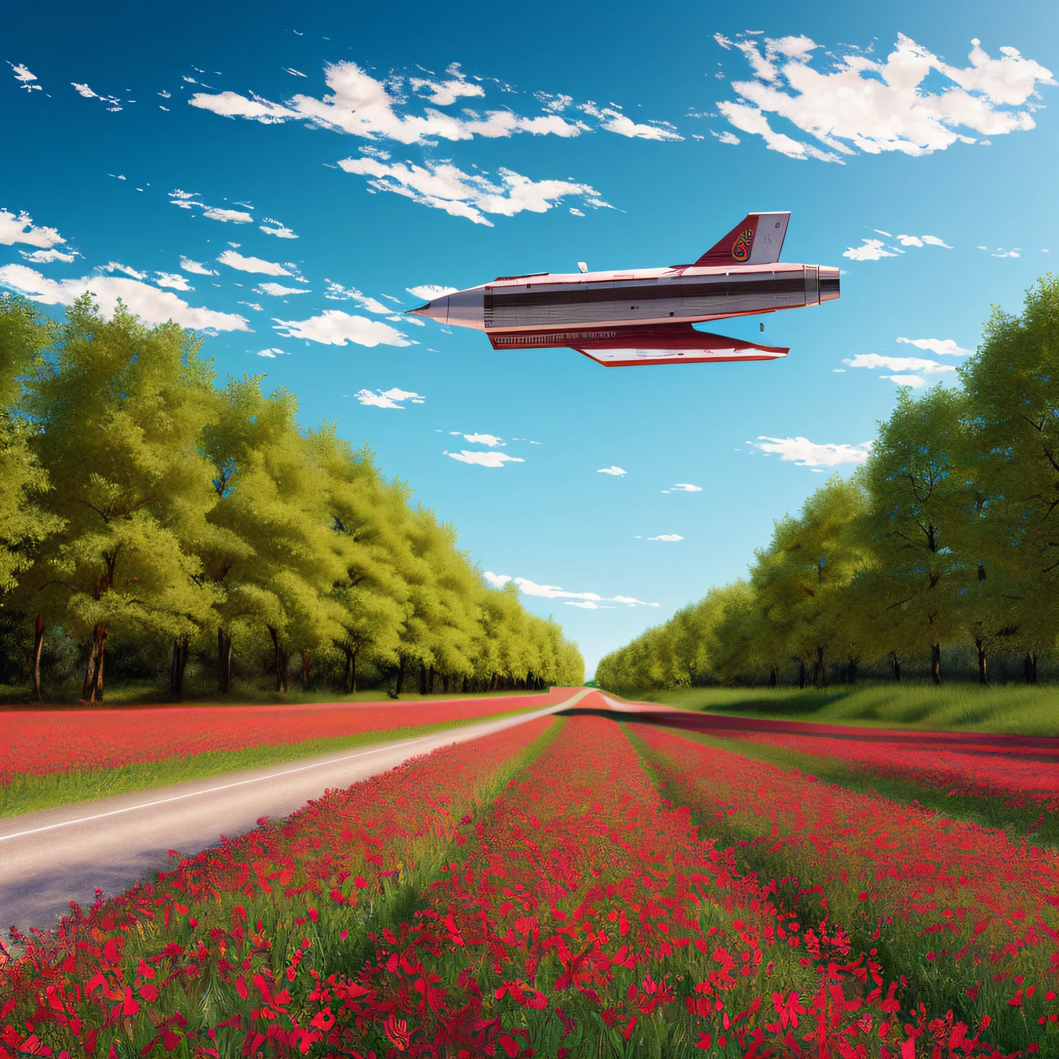 Spaceship flies over a field of red flowers near a road looks at a deserted and long-abandoned. The day is sunny, imagem hiperrealista, well-defined spacecraft, Accessories, metal, surface, janelas, e detalhes bem definidos, in the background a blue sky with white clouds in 3D, tudo em 8k, High quality image resolution, Hyperrealism in fiction illustration, pintura fosca digital --auto