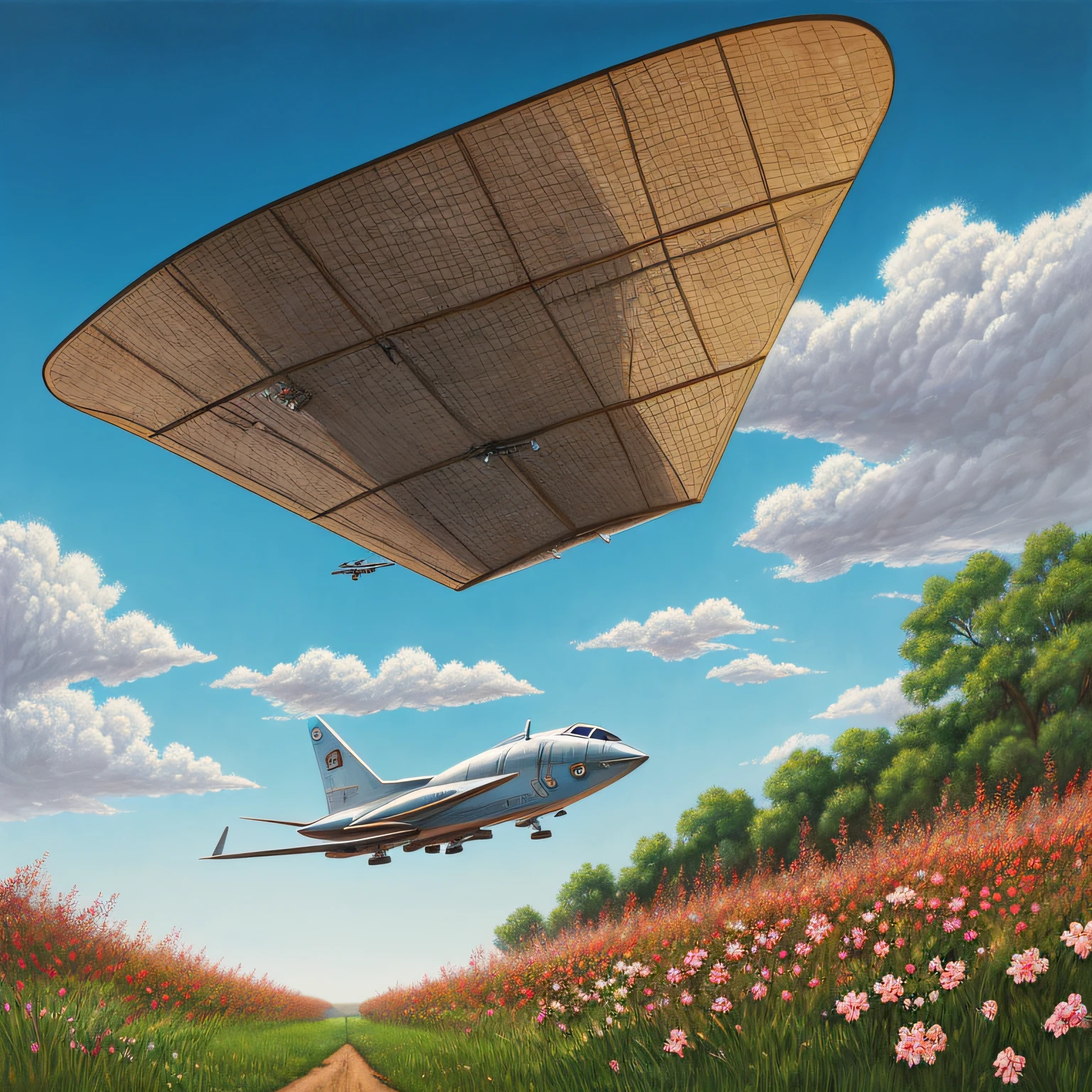 Spaceship flies over a field of red flowers near a road looks at a deserted and long-abandoned. The day is sunny, imagem hiperrealista, well-defined spacecraft, Accessories, metal, surface, janelas, e detalhes bem definidos, in the background a blue sky with white clouds in 3D, tudo em 8k, High quality image resolution, Hyperrealism in fiction illustration, pintura fosca digital --auto