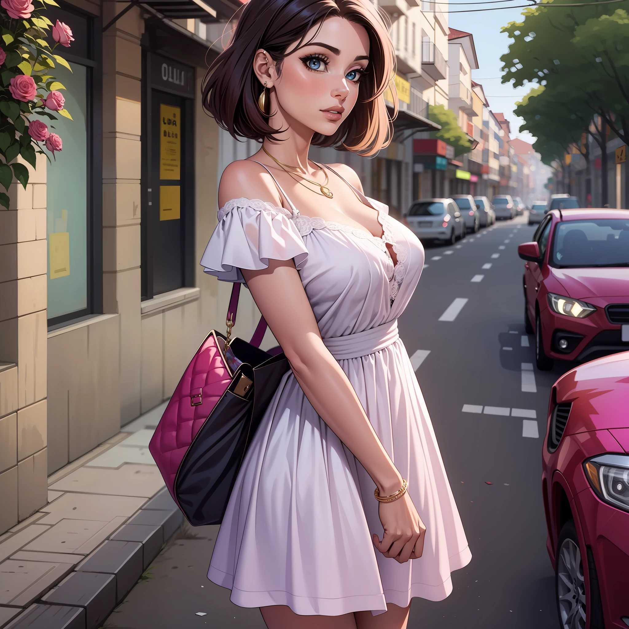 Uma mulher, loira, olhos azuis, cabelo longo, vestido rosa, em uma cidade